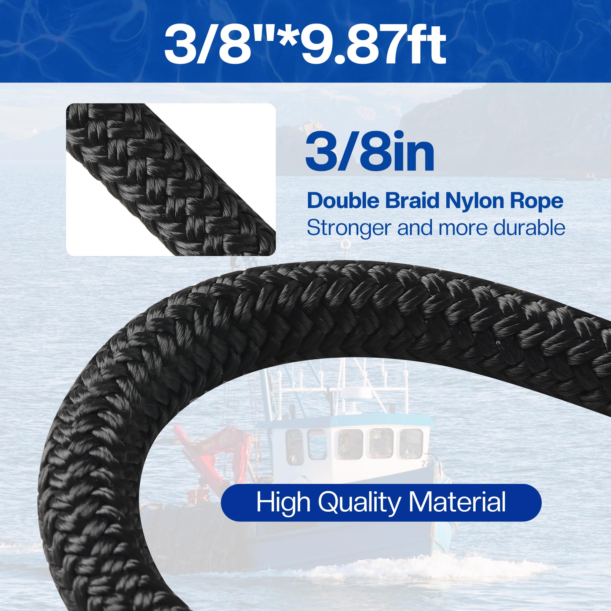 Bungee-Dockleine für Boote, 0,95 cm x 3 m, doppelt geflochtenes Nylonseil mit Edelstahl-Karabiner-Clips, schwarz, verstellbare Spannung, Festmacherseil mit Schaumstoffschwimmern, 2 Stück