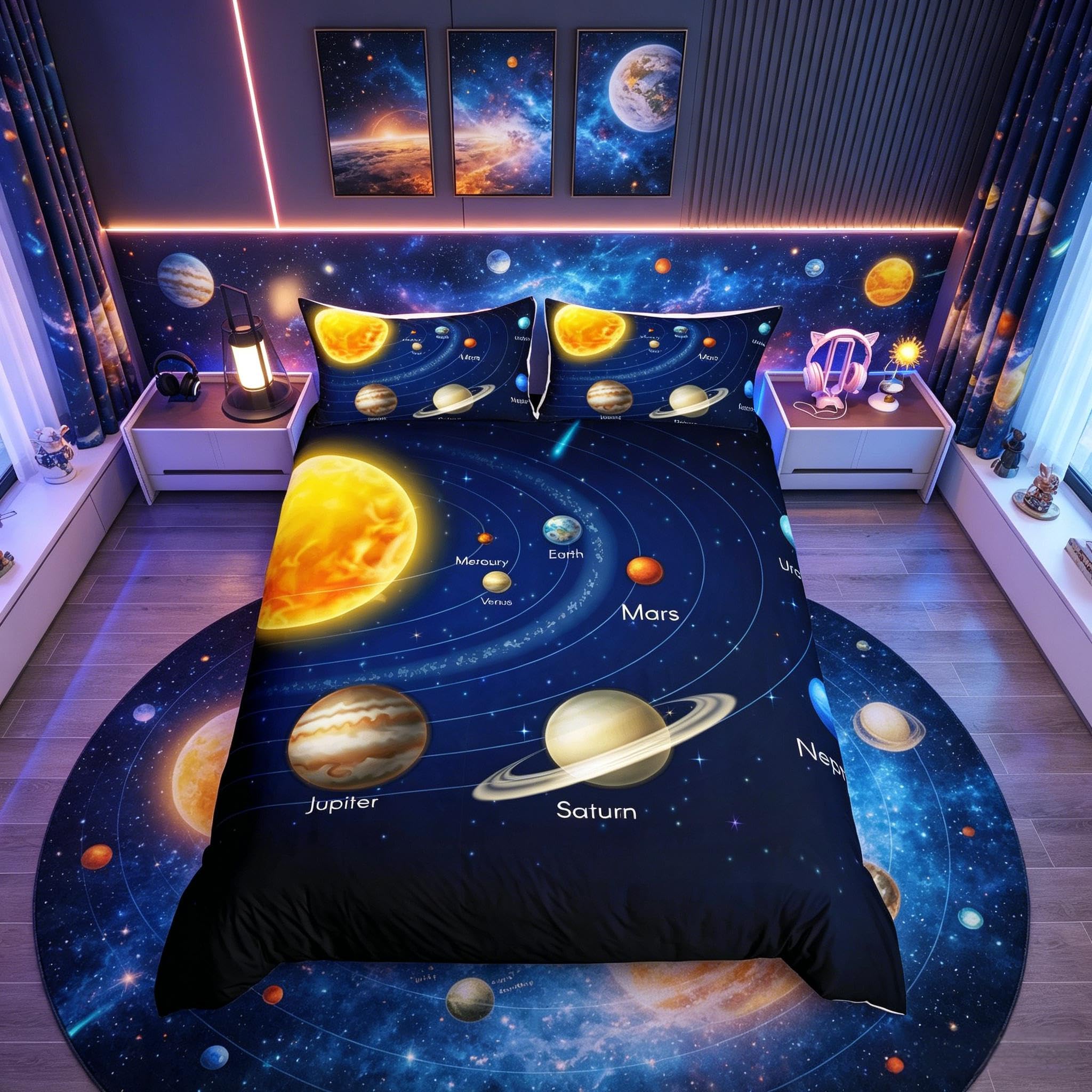 Homemissing Planet Solar System Bedding Set Galaxy Space Duvet Cover Set for Kids Boys Girls Universe Bedding Set Educational Planetary Orbit Decor Quilt Cover Bedding King
