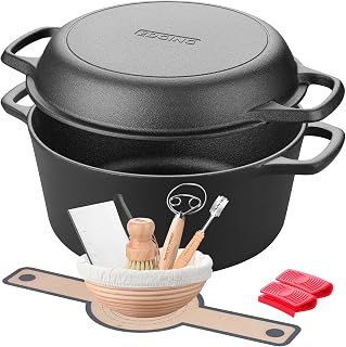 EDGING CASTING 5QT Pre-Seasoned Cast Iron Dutch Oven with Skillet Lid - 2-in-1 Sourdough Bread Baking Pan & Proofing Basket