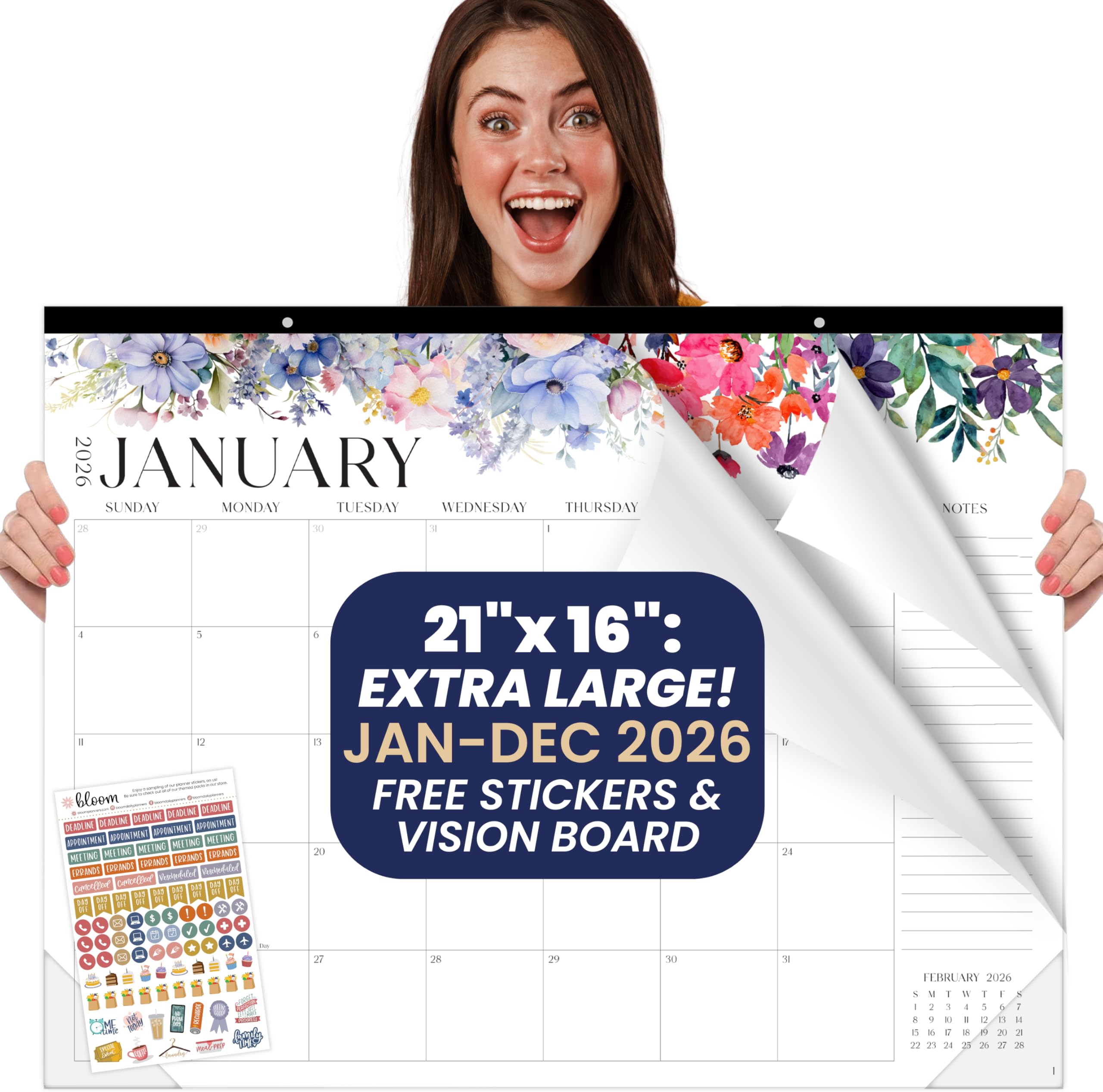 bloom daily planners 2026 Desk Calendar - January to December Large Wall Calendar - 21 x 16 Desktop & Hanging Monthly Planner with Stickers for Home or Office - Seasonal Florals