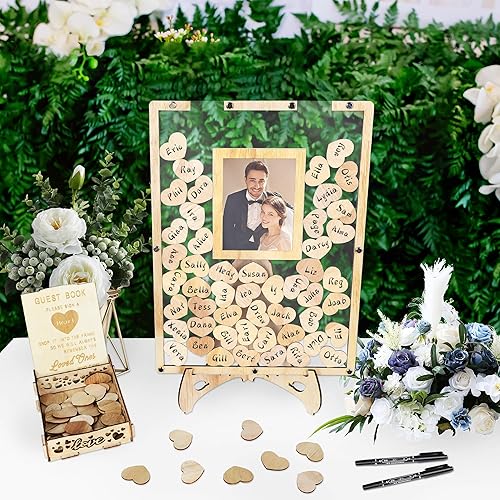 AOKUOX Libro de invitados de boda alternativo para libro de invitados y caja de regalo para recepción de boda única con 80 corazones de madera y