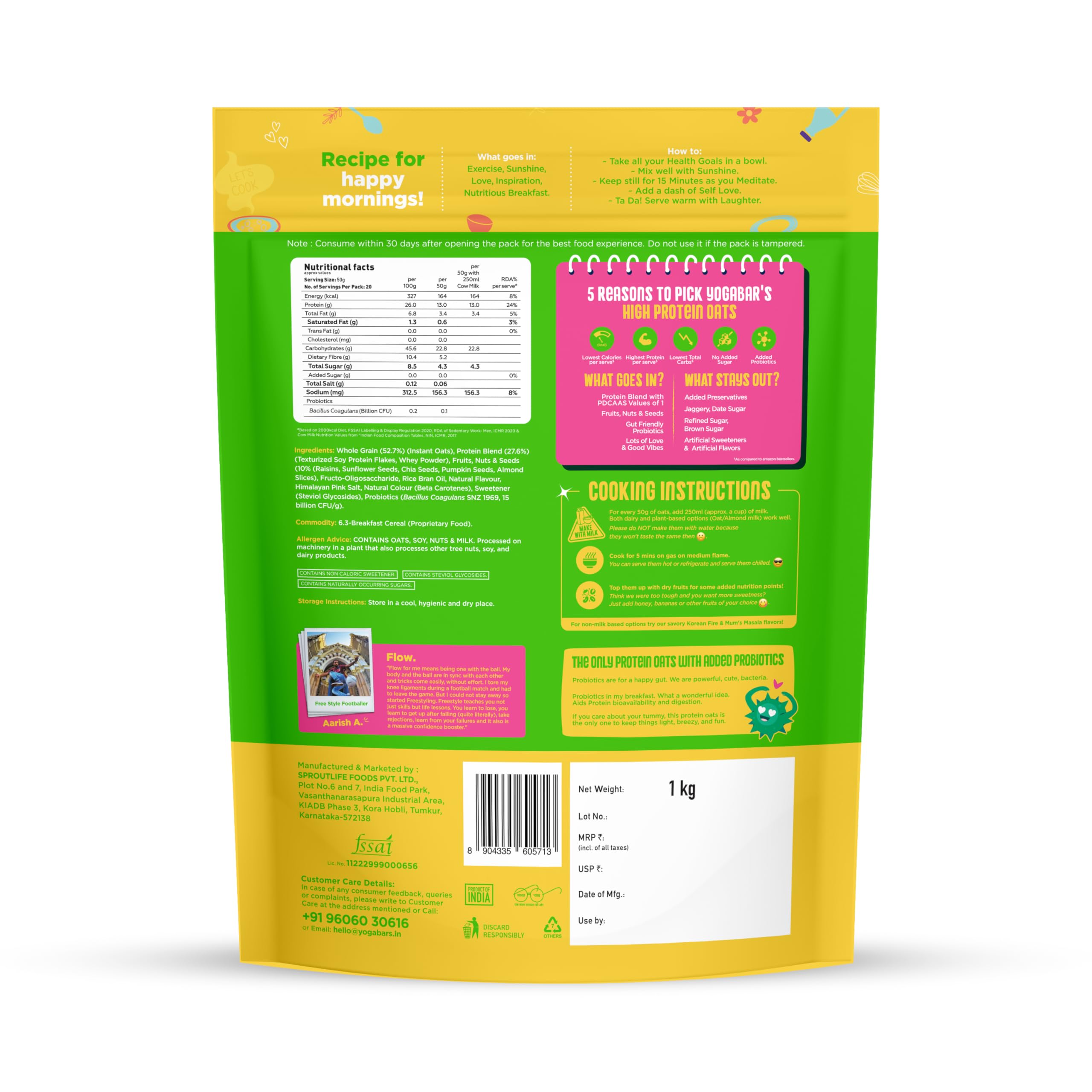 Yogabar 26g High Protein Oats 1kg , Kesar Pista Kulfi - Breakfast Cereal with Wholegrains, 26% Protein & No added sugar - Oats High Protein for Gym & Weight Management - Premium Protein Blend with Whey Protein Powder - with Goodness of Chia, Sunflower & Pumpkin Seeds & Probiotics for Absorption - Image 2 thumbnail