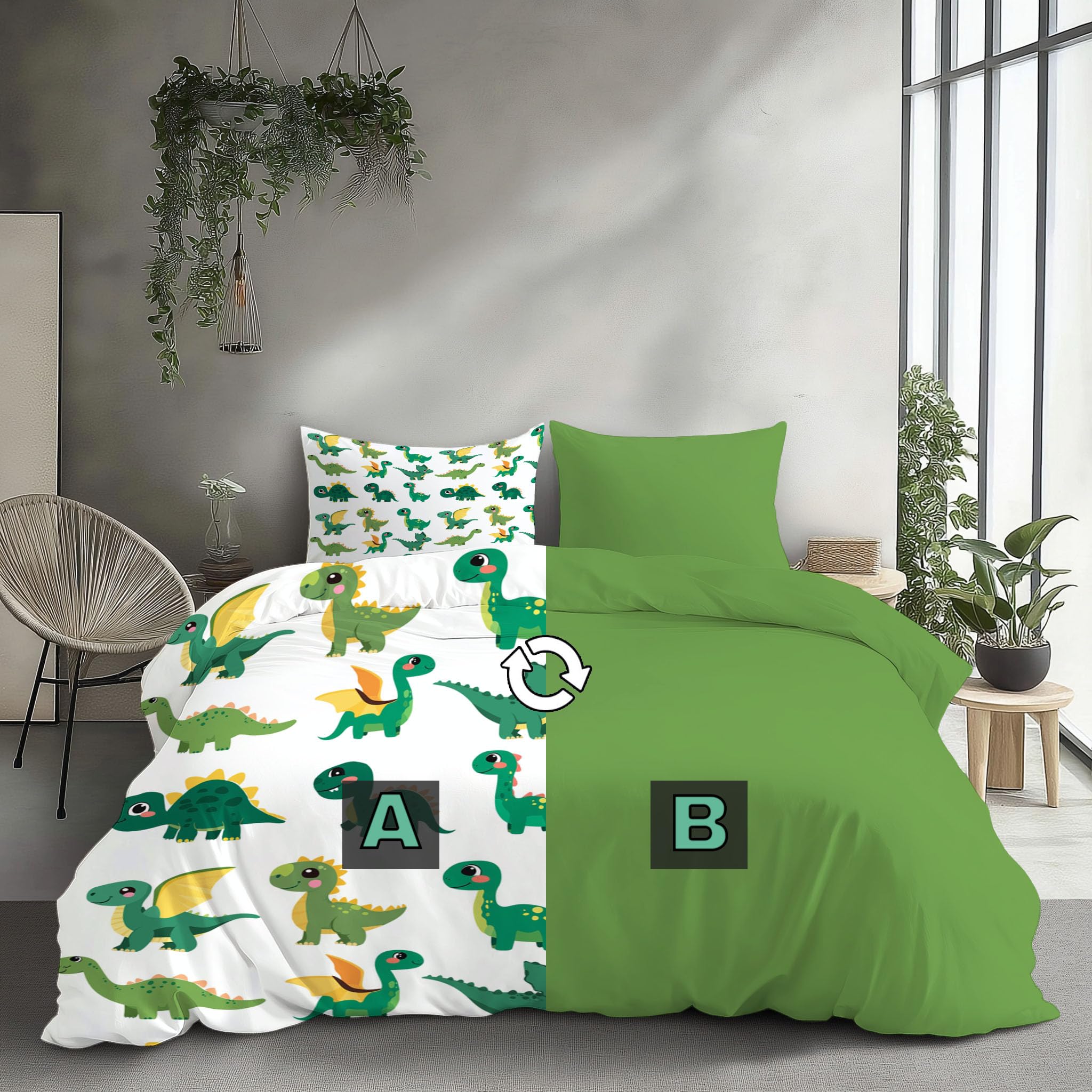 Juego de Cama Reversible Dinosaurio Verde– Funda Nórdica de Funda de Edredón Animales De Dibujos Animados con Fundas para Niños, Niñas y Niños, Verde Esmeralda