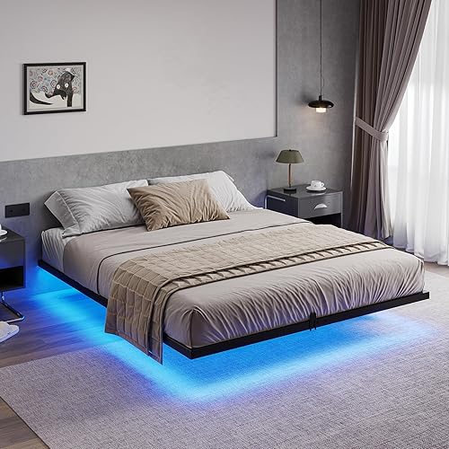 Hasuit Base de cama flotante tamaño matrimonial con luces LED, plataforma de metal, no necesita somier, fácil de montar (matrimonial)