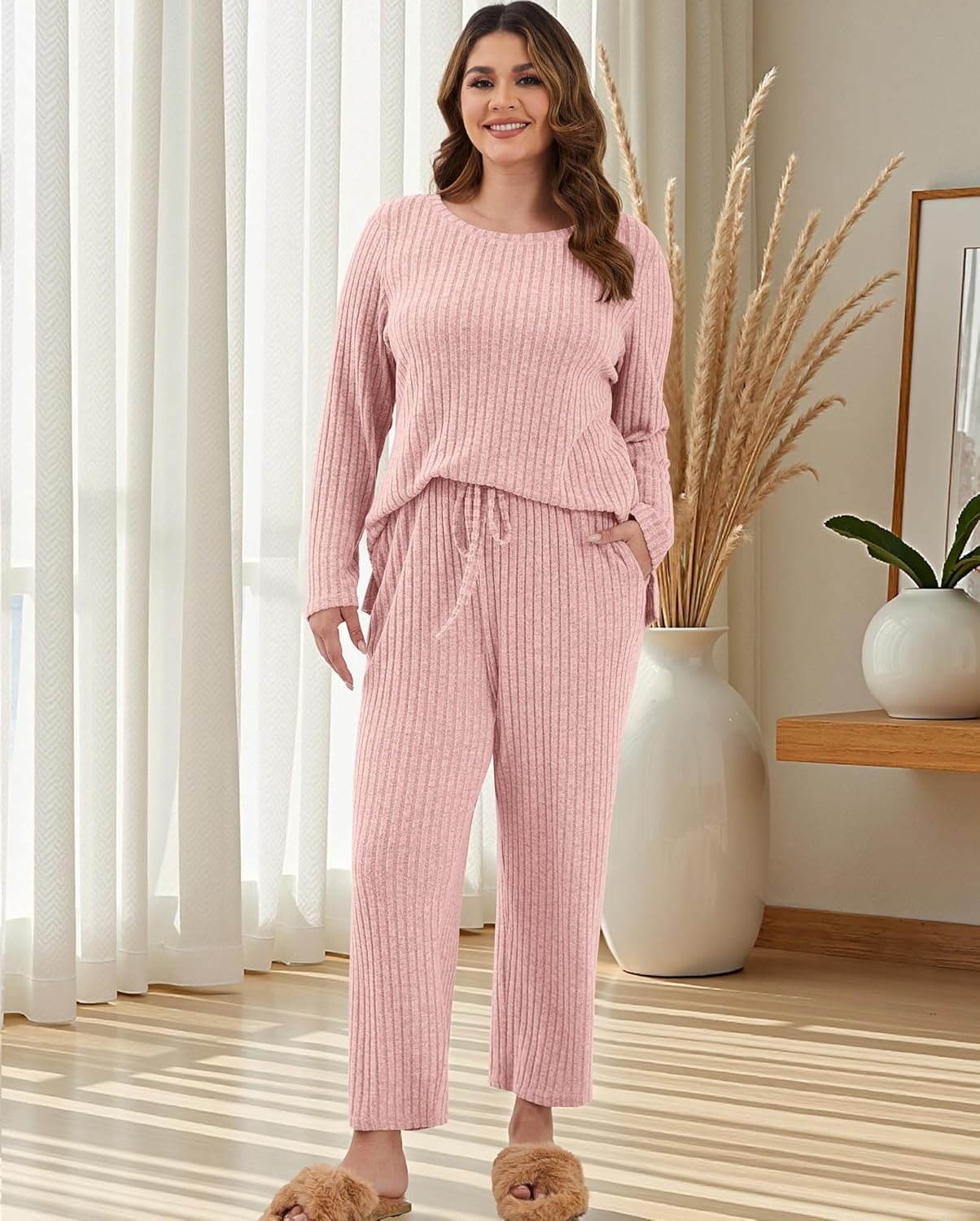 Womens Plus Size Lounge Pajamas 2 Piece Pj Sets Soft Long Sleeve Ribbed Tops Wide Leg Pants with Pockets - Image 5