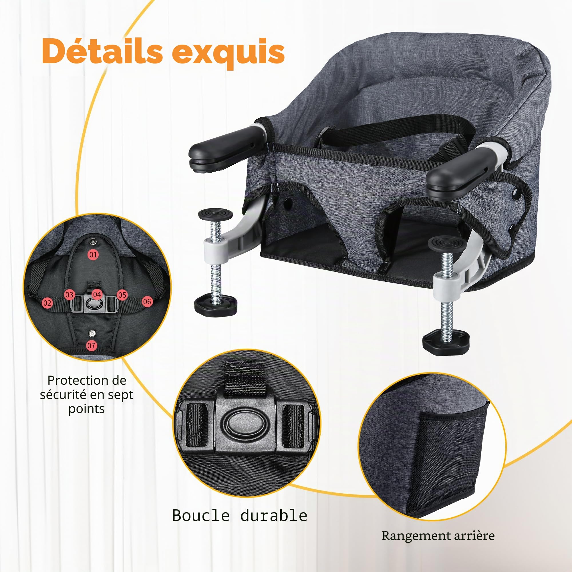 Toogel Siège de Table pour Bébé, Chaise Haute Portable Pilante avec Harnais de Sécurité, Chaise Enfant de Table avec Sac de Transport pour Maison et Voyage (Gris)