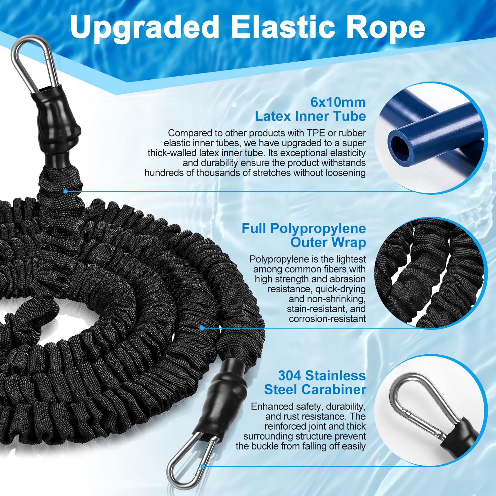 Cinturón de Natación para Piscina Adultos y Niños, 2,5-7,5M Goma Elástico Natación de Látex Natural con Cinturón Ancho y Acolchado, Nadathlon Accesorios Cuerda para Nadar Estatica, Negro