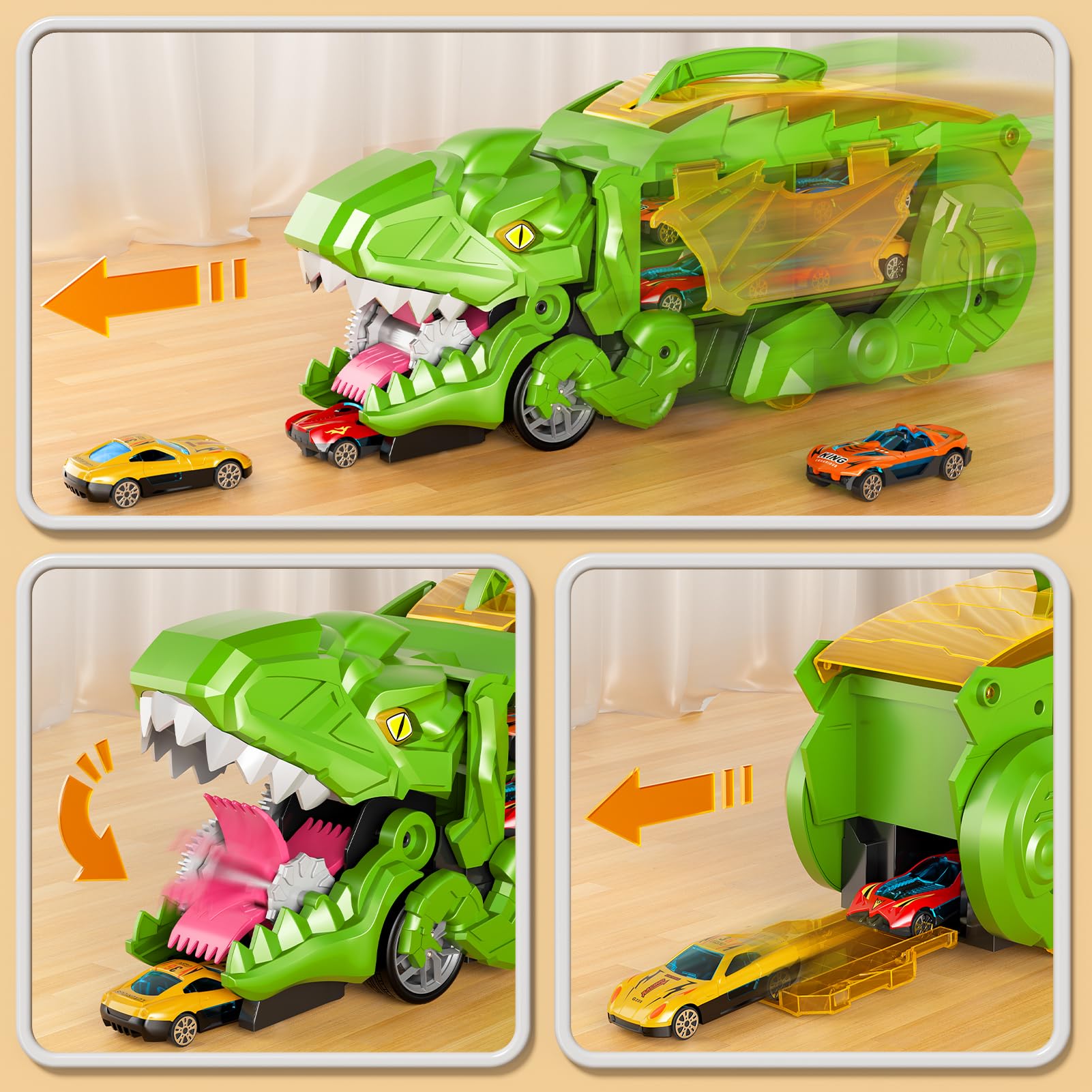 Ci Vetch Juguete de coche para niños de 3 a 6 años, 10 coches fundidos, camión de transporte de dinosaurios, se convierte en dinosaurio, verde