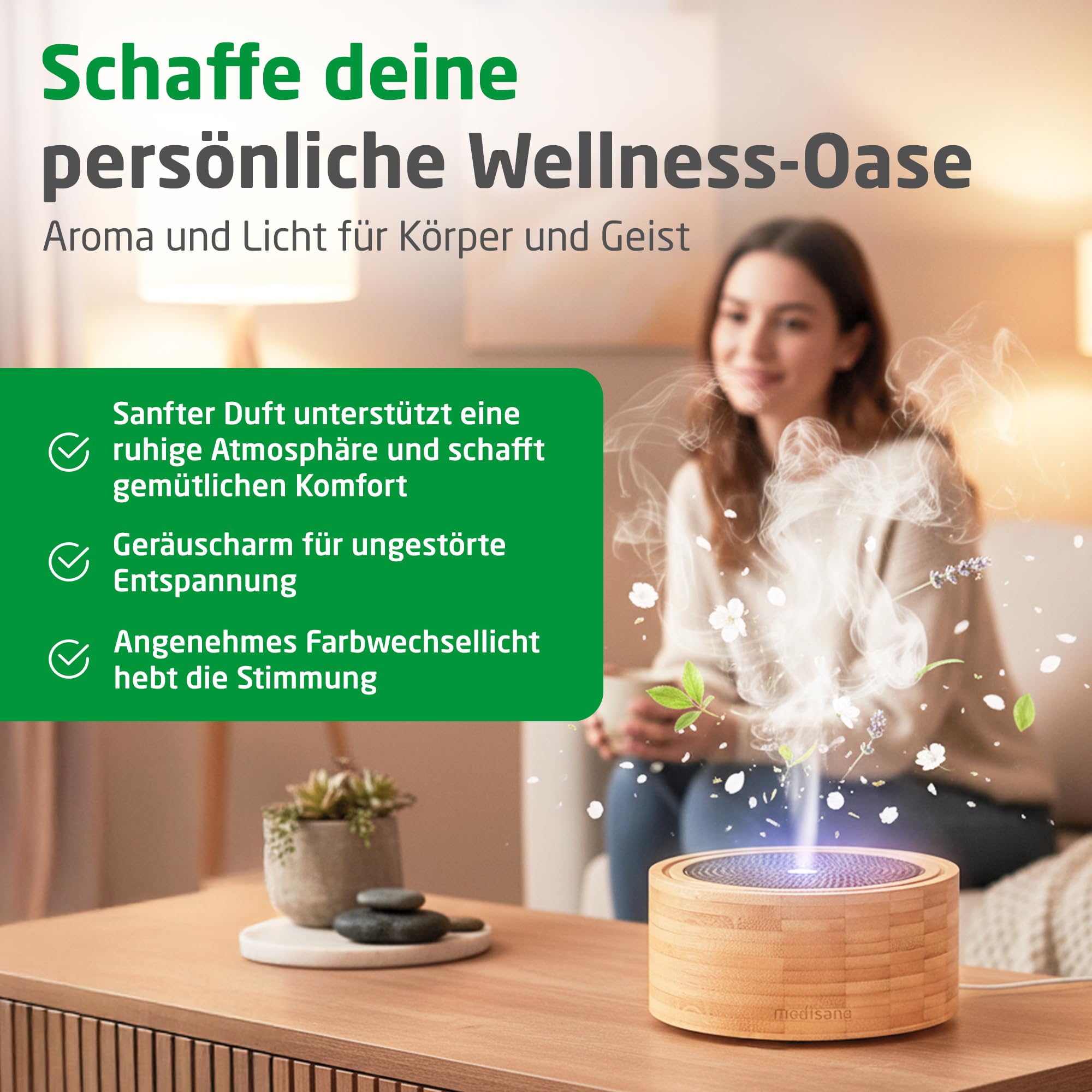 Medisana AD 625 Aroma Diffuser, Duftöl Diffusor für ätherische Öle, Duftlampe mit Wellness-Licht in 6 Farben, Luftbefeuchter für Wohnzimmer, Schlafzimmer, Büro, Raumbefeuchter 100 ml