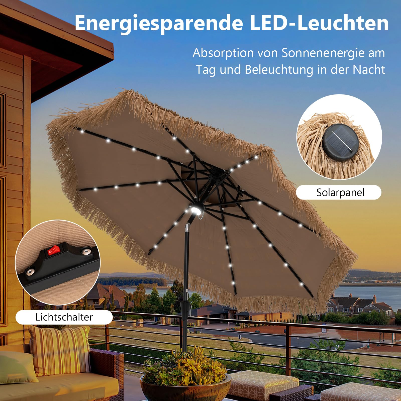 COSTWAY Sonnenschirm Hawaii 300 cm, Strohschirm mit LED-Solar-Beleuchtung und Doppeldach, Gartenschirm Stroh, Strandschirm neigbar, Marktschirm, Terrassenschirm für Garten, Balkon, Terrasse