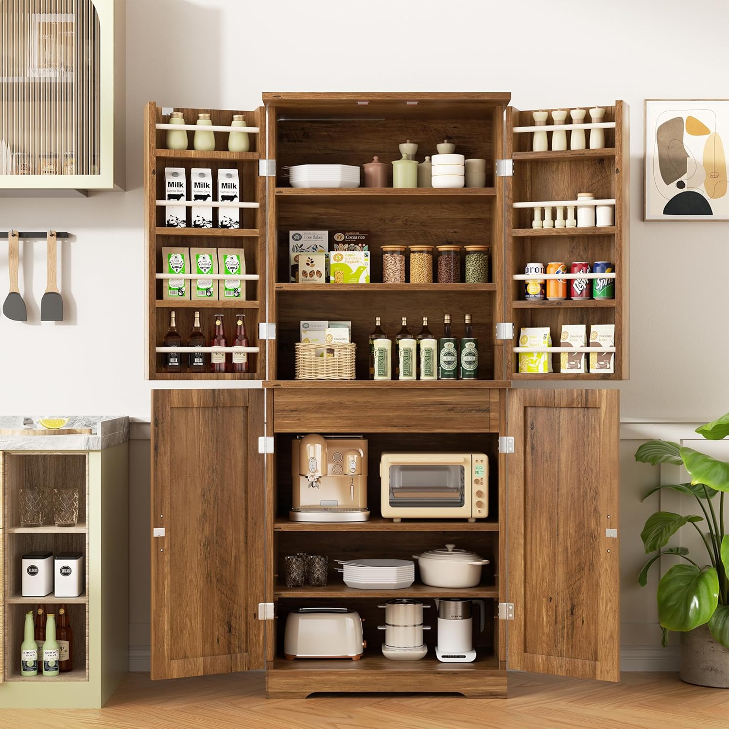 shintenchi kitchen pantry cabinet, freestanding farmhouse storage cabinet with 8 door shelves, 2 cabinets and 1 drawer, tall cupboard for kitchen, living room, dining room and bathroom, rustic brown