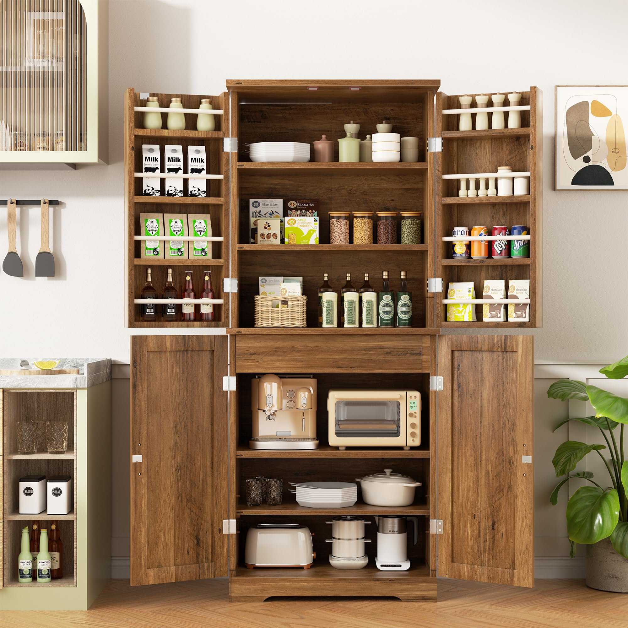 Diagram showing the overall dimensions and internal measurements of the Shintenchi Kitchen Pantry Cabinet.