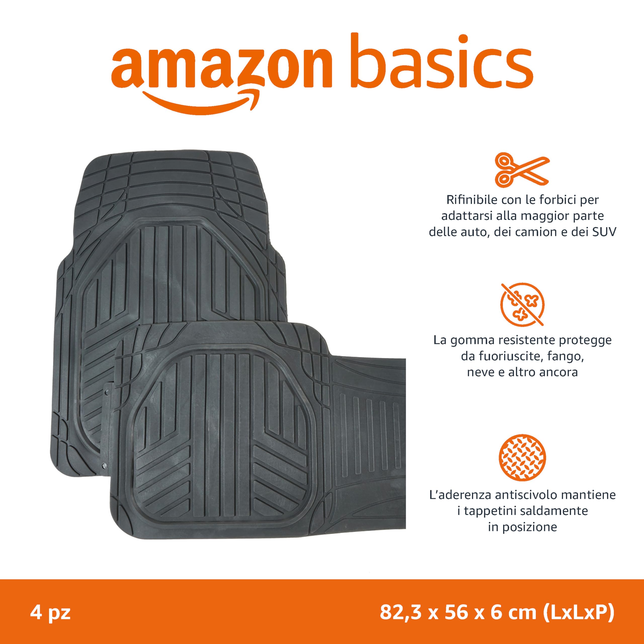 Amazon Basics 4 unità da tappetini in PVC resistente, per auto, SUV, camion, per tutte le stagioni, tappetino del bagagliaio incluso, Nero