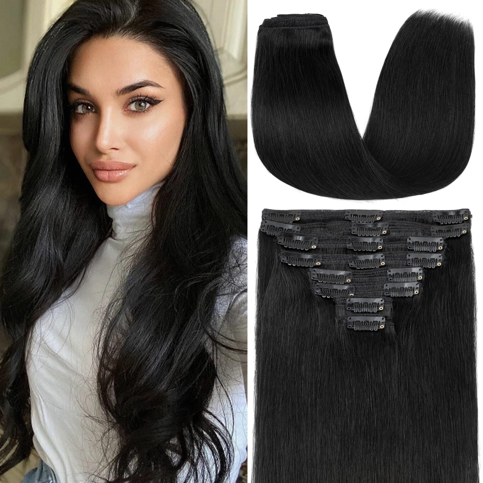 S-noiliteClip in Human Hair Extensions Thick True Double Weft Hair Clip in 100% Remy Human Hair Full Head 8 Pieces 18 Clips Straight Silky (24 Inch - 170g,Jet Black (#1))