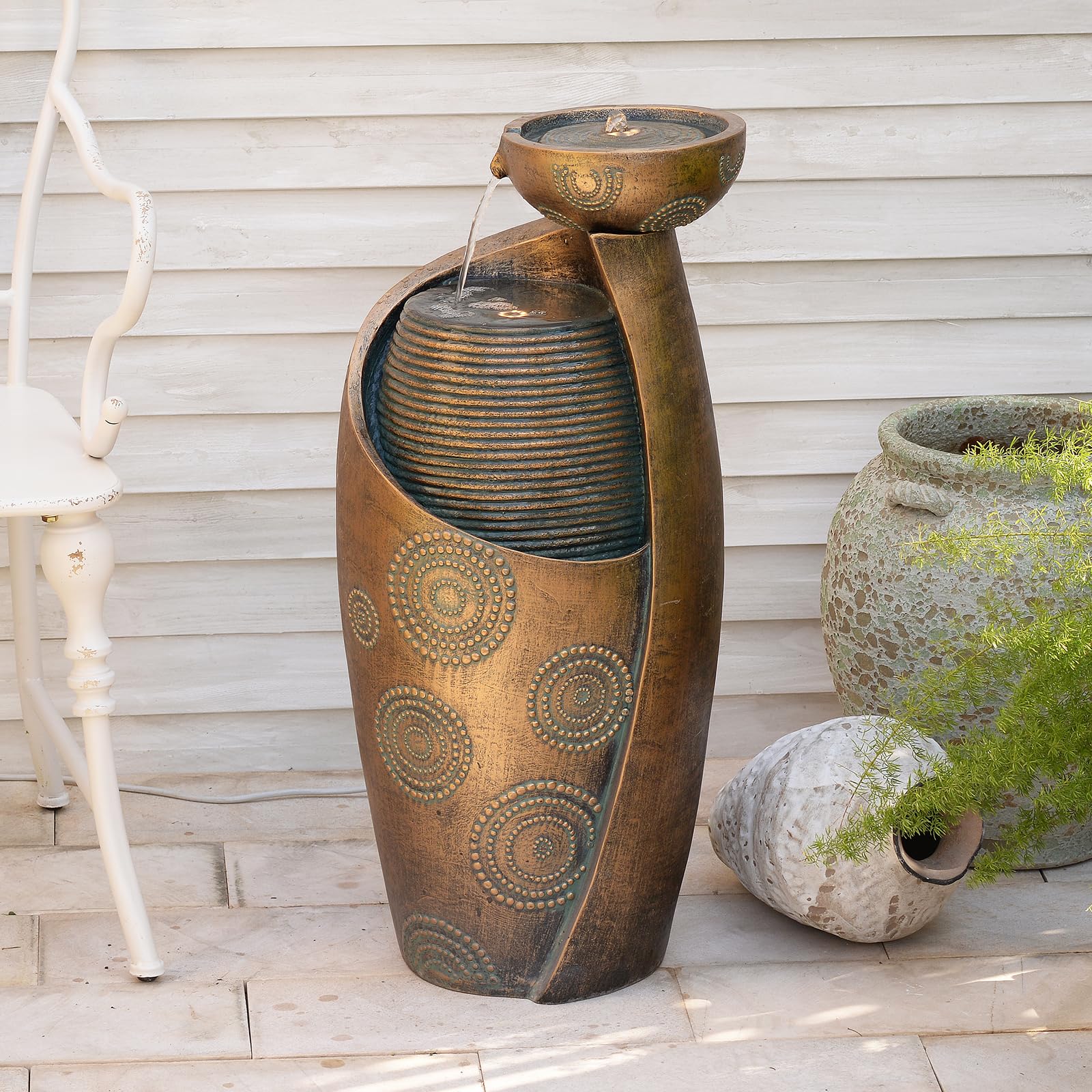 Tankana Outdoor Water Fountain Feature Indoor Garden Large Jar Floor Standing Fountains Waterfall with LED Light & Pump for Home Decor Office Yard Patio Deck Porch, Goldish-Bronze, 32 inches