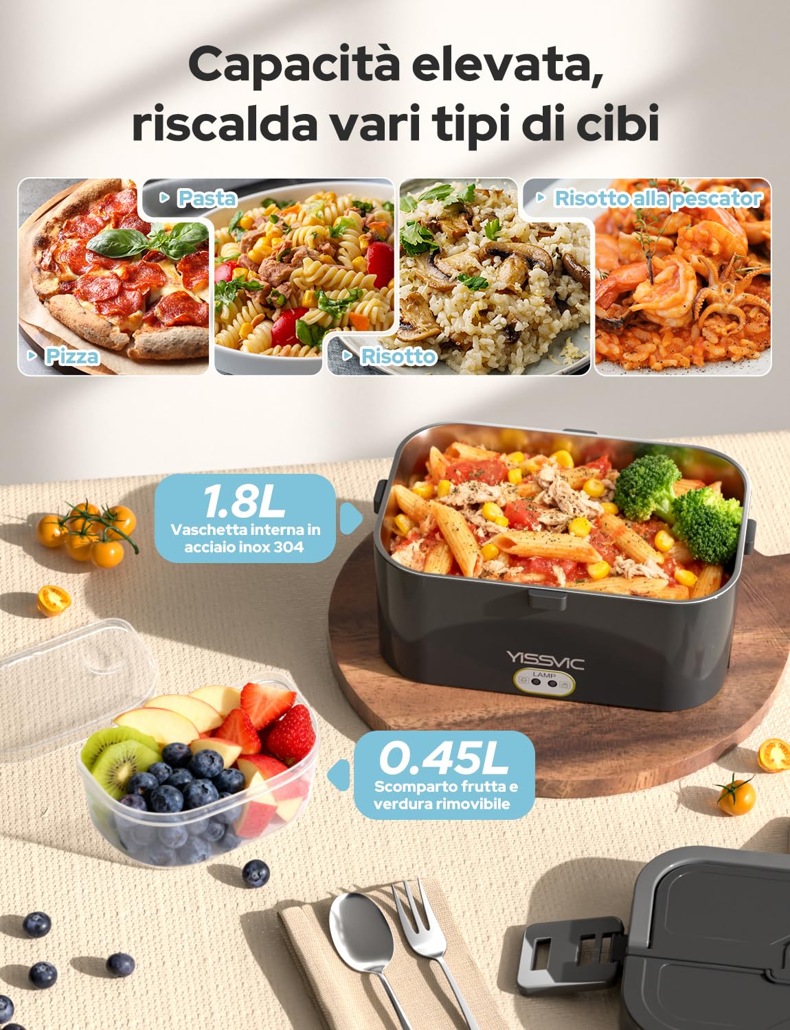YISSVIC Scaldavivande Elettrico Portatile 1.8L 80W con Borsa Termica 4 in 1 (12V/24V/220V-240V), Acciaio Inox Riscaldamento Rapido, Forchetta e Cucchiaio Inclusi, Ideale per Auto, Ufficio, Viaggi