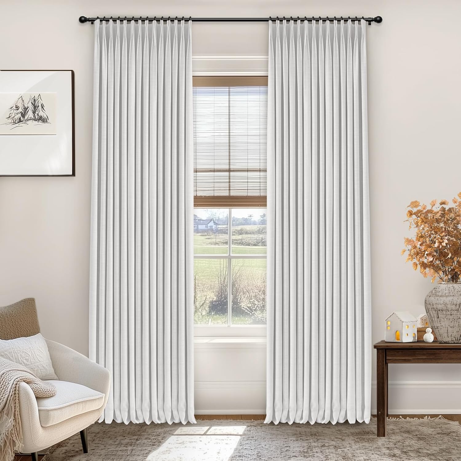 INOVADAY Pinch Pleated Curtains, 100% Light Blocking Linen Pinch Pleat Blackout Curtains for Bedroom, Thermal Insulated Blackout Drapes 2 Panels Set for Living Room - Beige White, W40 x L95 Beige White 40"W x 95"L (Pack of 2)