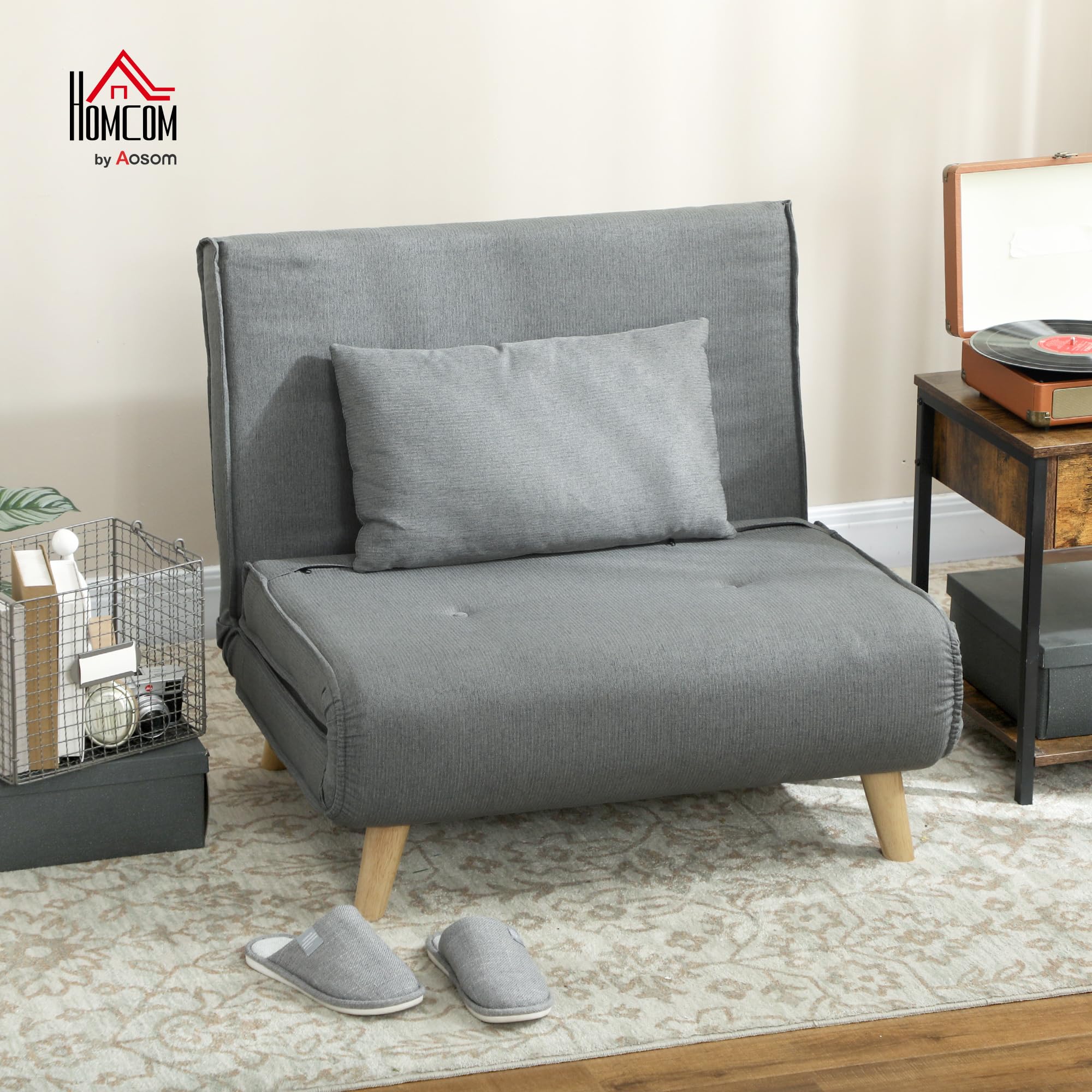 HOMCOM Sofá Cama de 1 Plaza 3 en 1, Sillón Cama Plegable Tapizado en Lino Sintético, con Respaldo Ajustable en 6 Niveles, Almohada, Asiento Ancho, Patas de Madera, 90x78x79 cm, Gris