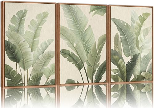 Rantodecor Lienzo enmarcado verde salvia, decoración minimalista de pared de hojas tropicales, pinturas artísticas de hojas naturales beige bohemio,