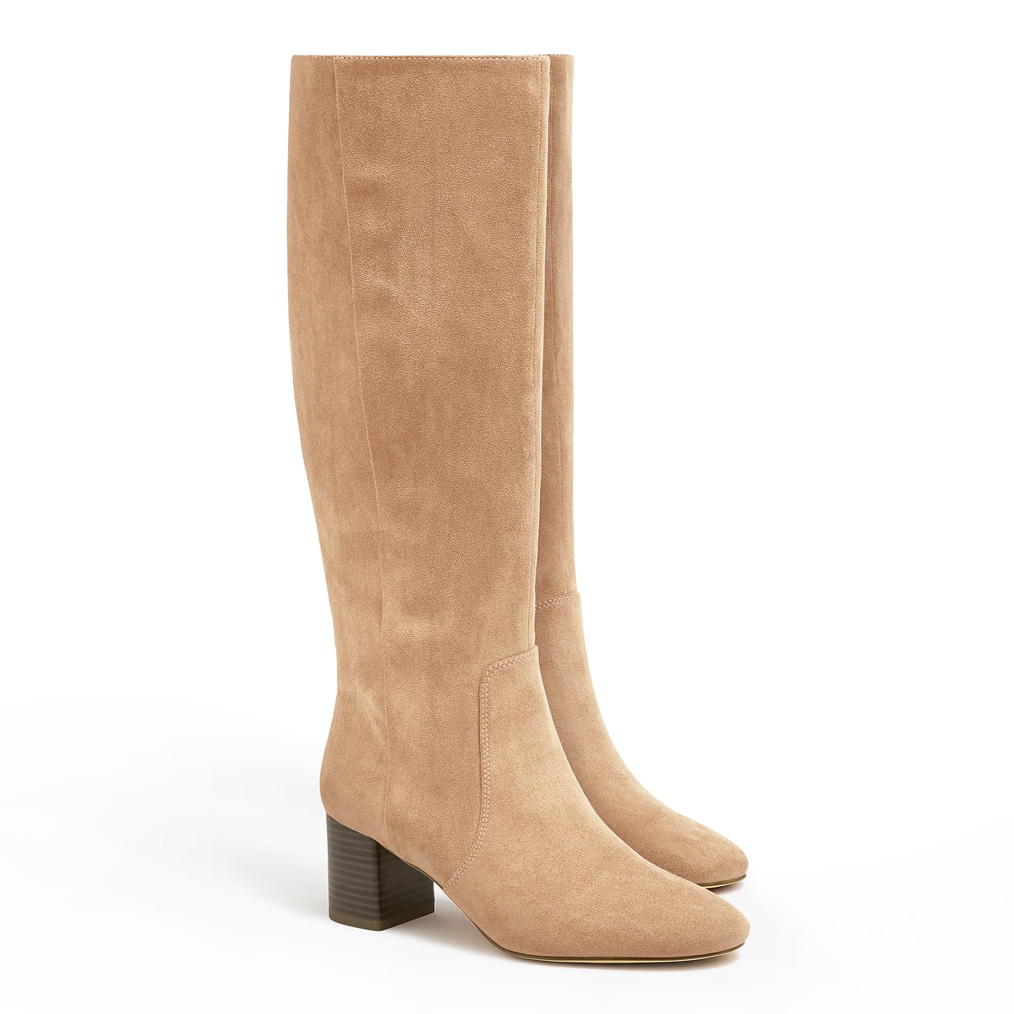 Coutgo Womens Chunky Heel Knee High Boots Suede Round Toe Fall Winter Tall Boots with Side Zipper
