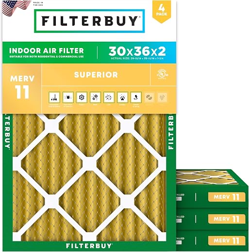 FilterBuy 30x36x2 MERV 11 Pleated AC Furnace Air Filter, (Pack of 4 Filters), 30x36x2 – Gold