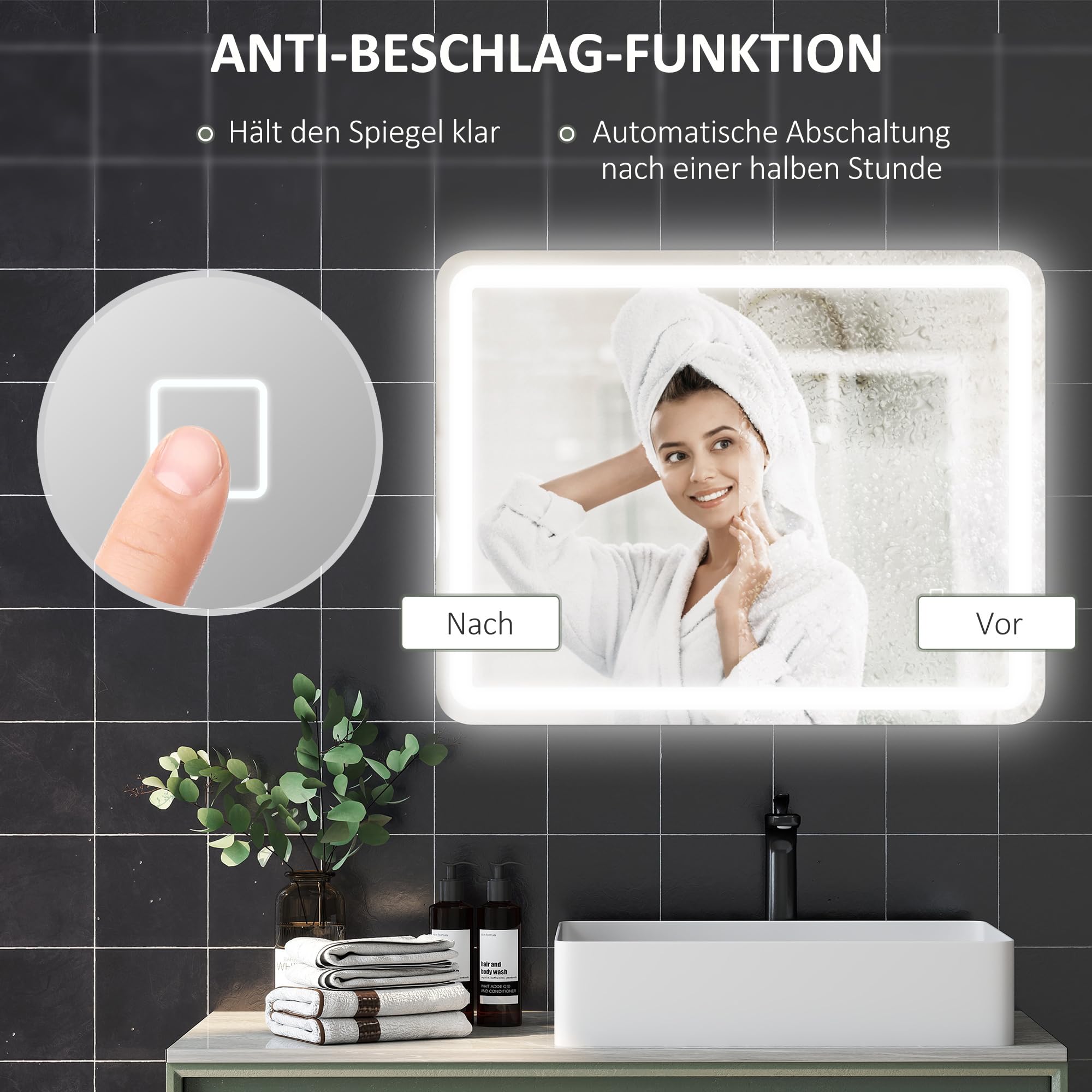 HOMCOM Badspiegel mit Beleuchtung 70 x 90 cm mit 3 Lichtfarben Silber
