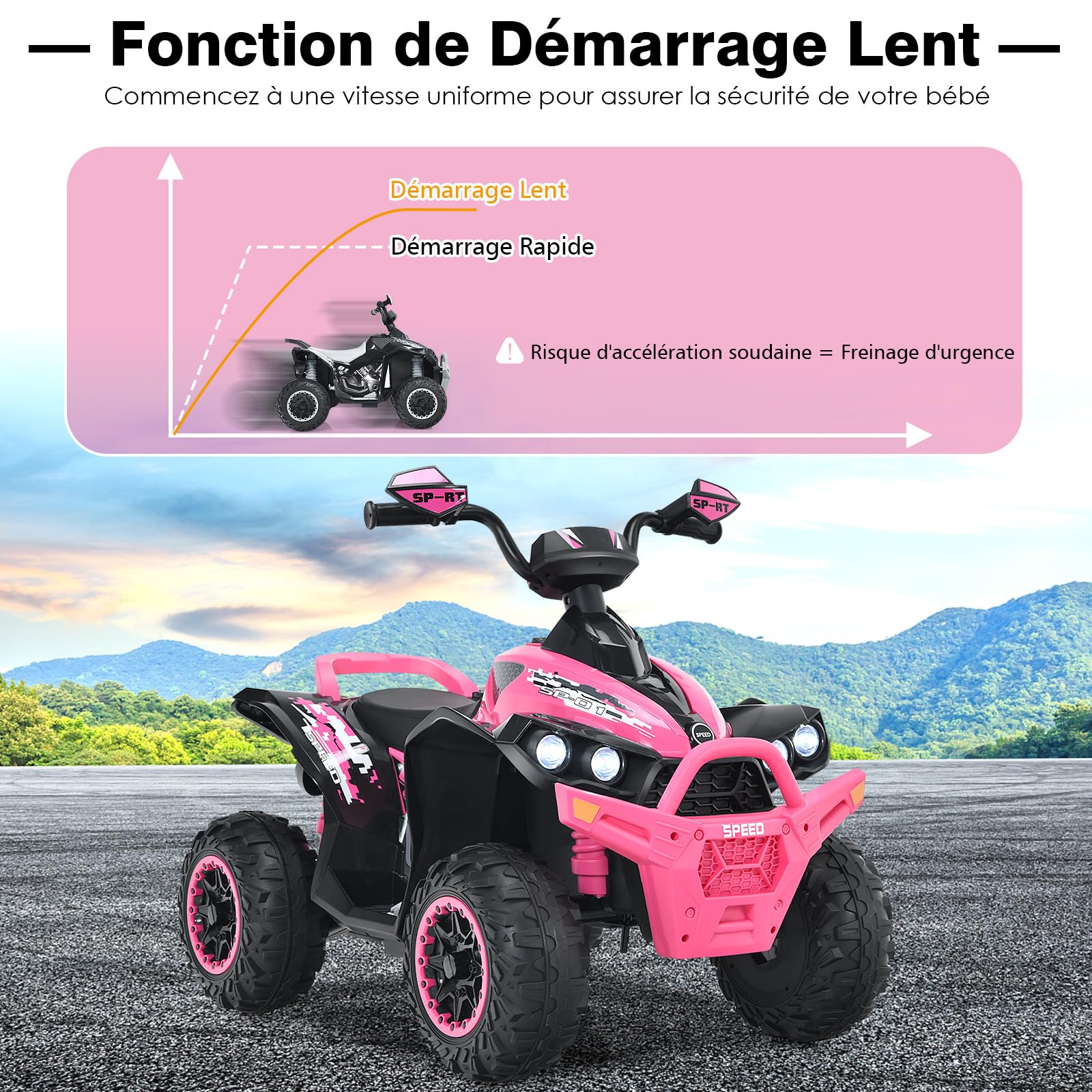 DREAMADE Quad Électrique Enfants 3-8Ans avec Vitesse Réglable,Voiture à Batterie 12V Multifonctions avec Marche Avant et Arrière,Lumières LED,Musique,Pédale,Klaxon,Charge 35KG (Rose)