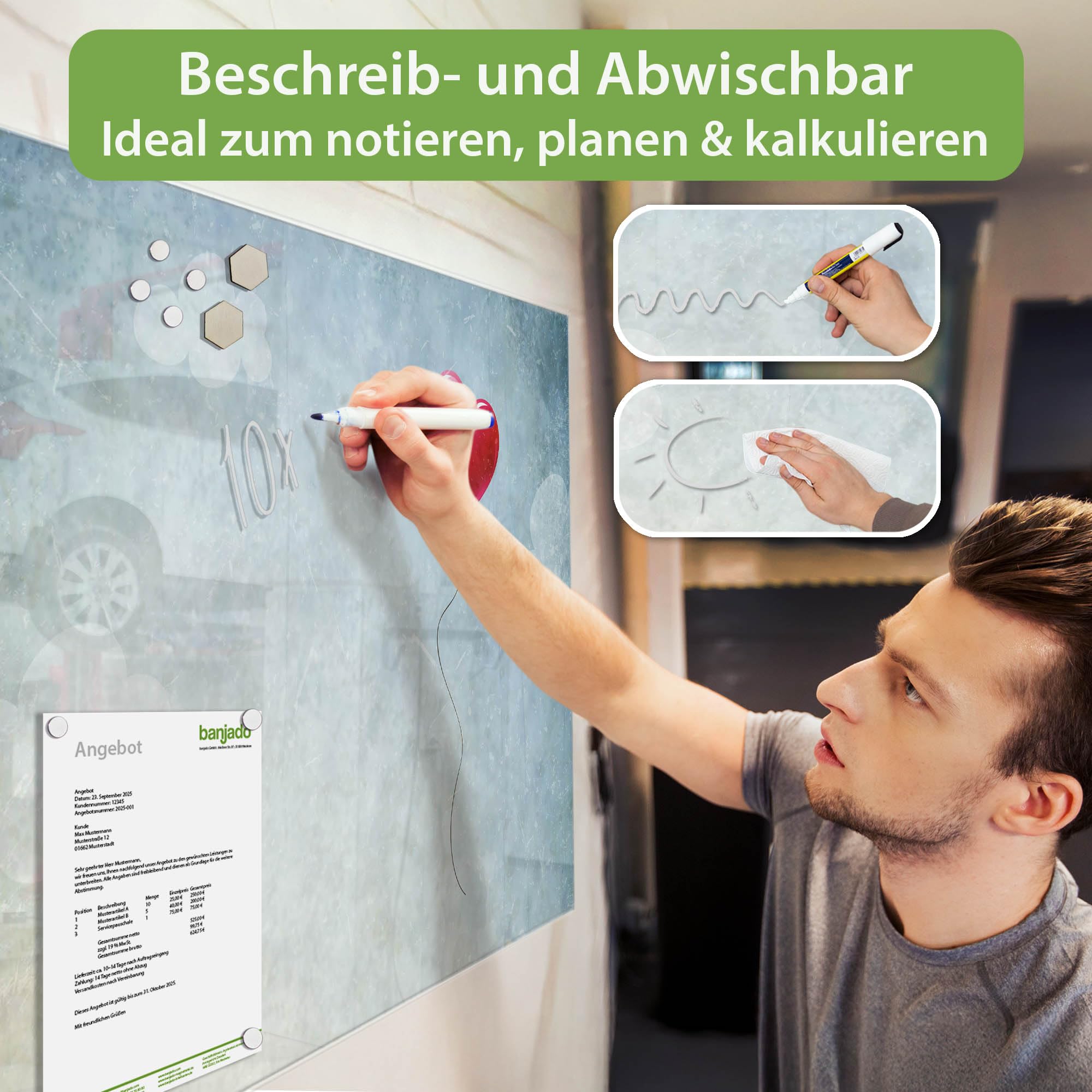 banjado Glas-Memoboard in 60x40cm für Fotos und Notizen im Herzdesign