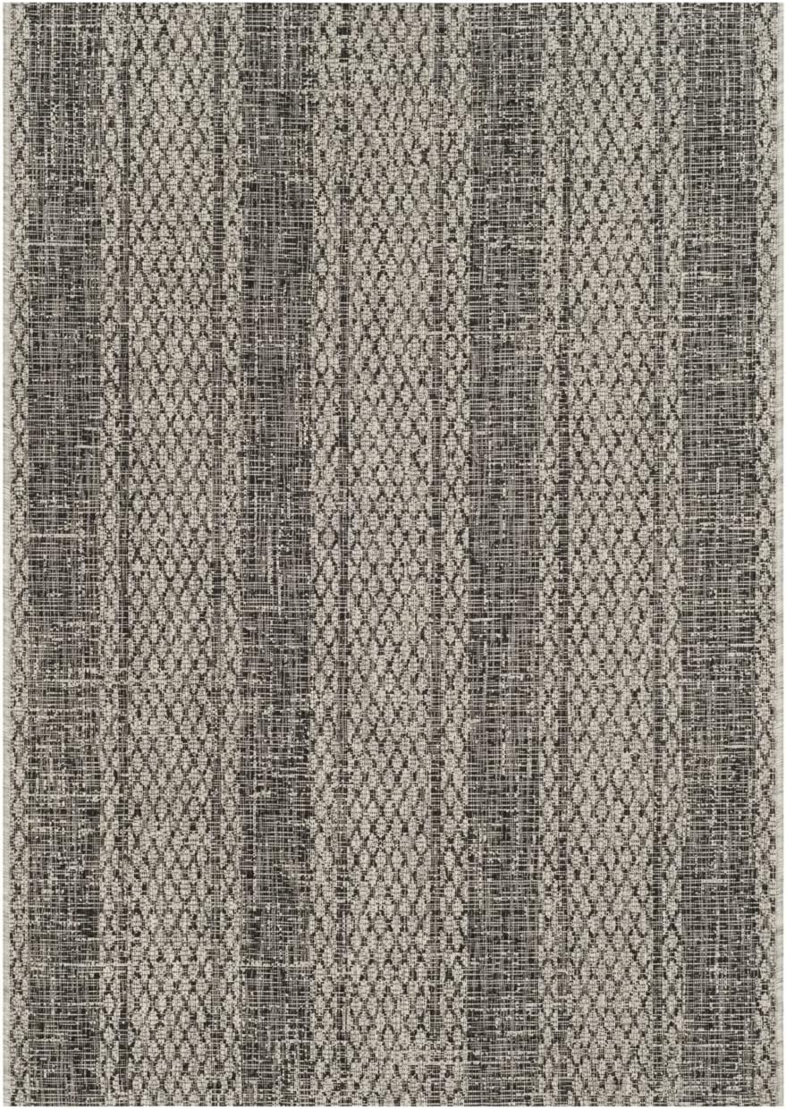 Light Grey and Black Rectangular Synthetic Outdoor Rug