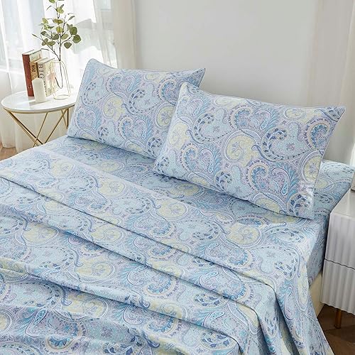 Miniatura 9 de Brandream Juego de sábanas tamaño King con estampado floral lujoso estilo bohemio con medallón azul y estampado de cachemira, colección de ropa de