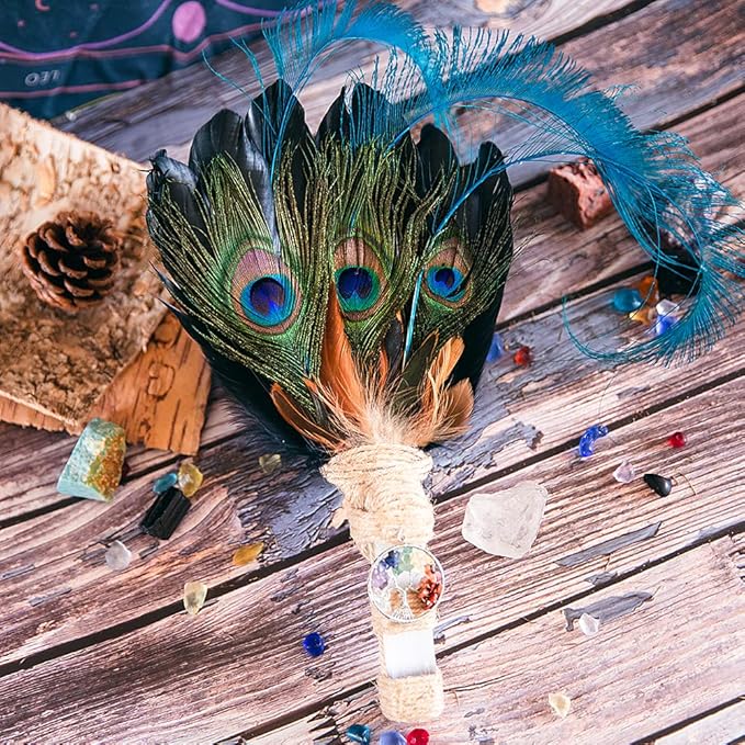 Witch's Wand Feather Smudge Wand Shaman Fan with Selenite