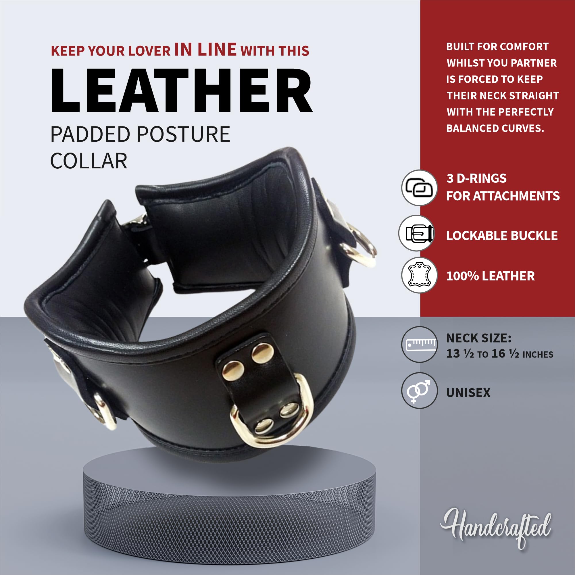 Dotty After Midnight Posture Collar - Black Faux Leather, Red Lining, Buckle Closure, Unisex BDSM