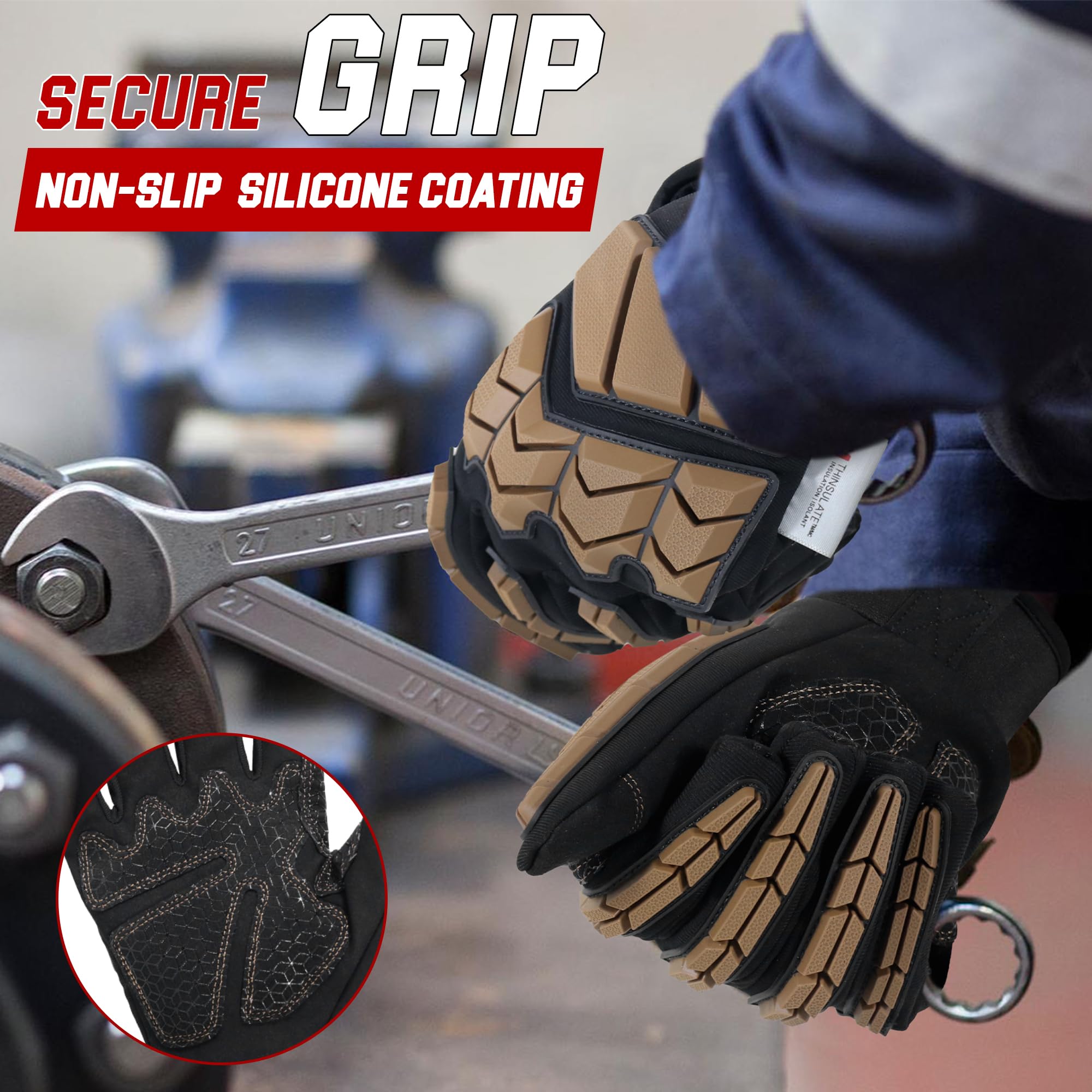 HANDLANDY Winter Water Resistant Work Gloves for Men Padded Thermal Insulated Heavy Duty Impact Glove for Cold Weather (Tan-insulated - Image 3