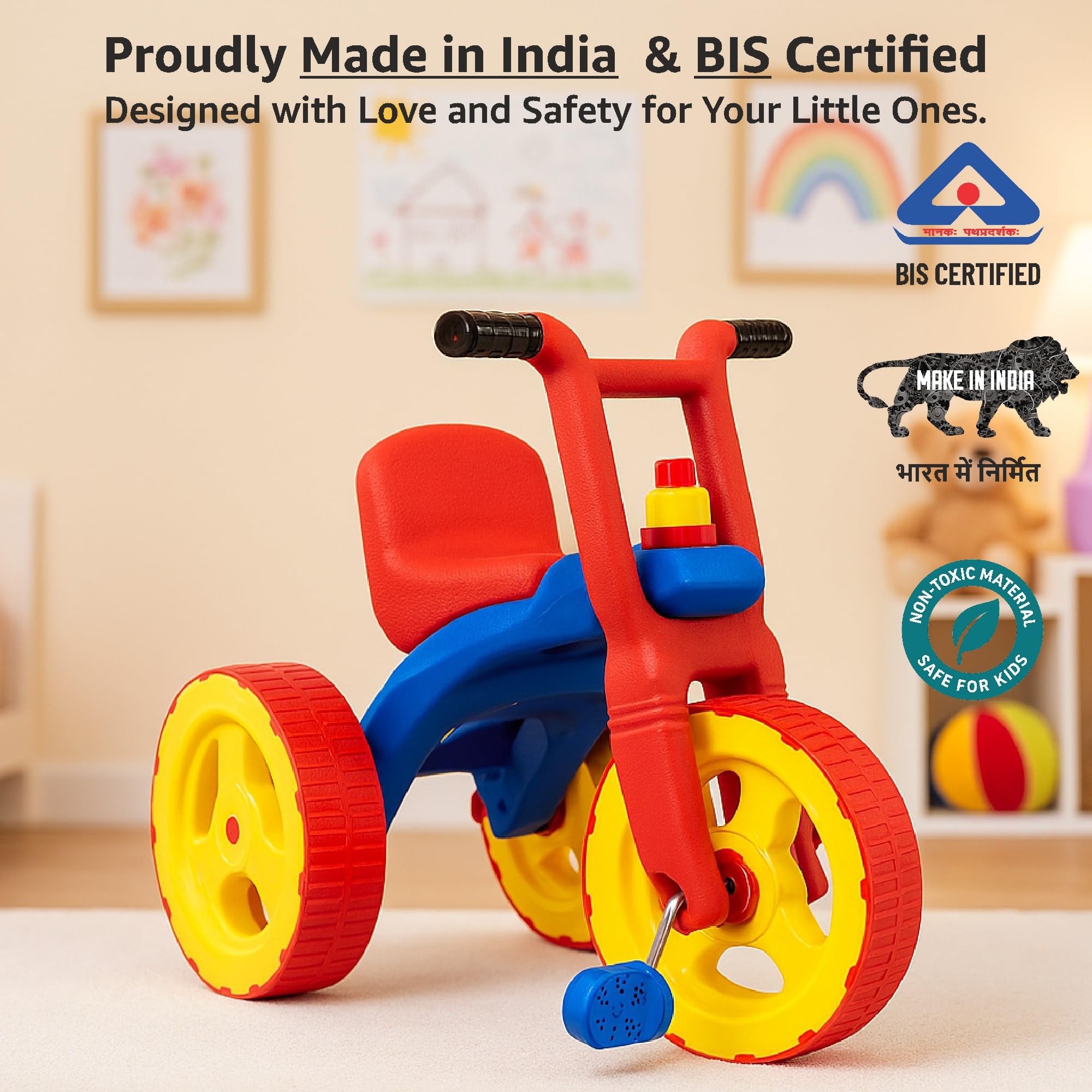 Amazon Brand - Jam & Honey Pacer Tricycle for Kids | Toddler Cycle | Bicycle | Push On Ride On | with Backrest | Easy Grip | Four Wheel | Safe & Fun Activity Toy | Medium | 2 Years+ | Red - Image 6 thumbnail