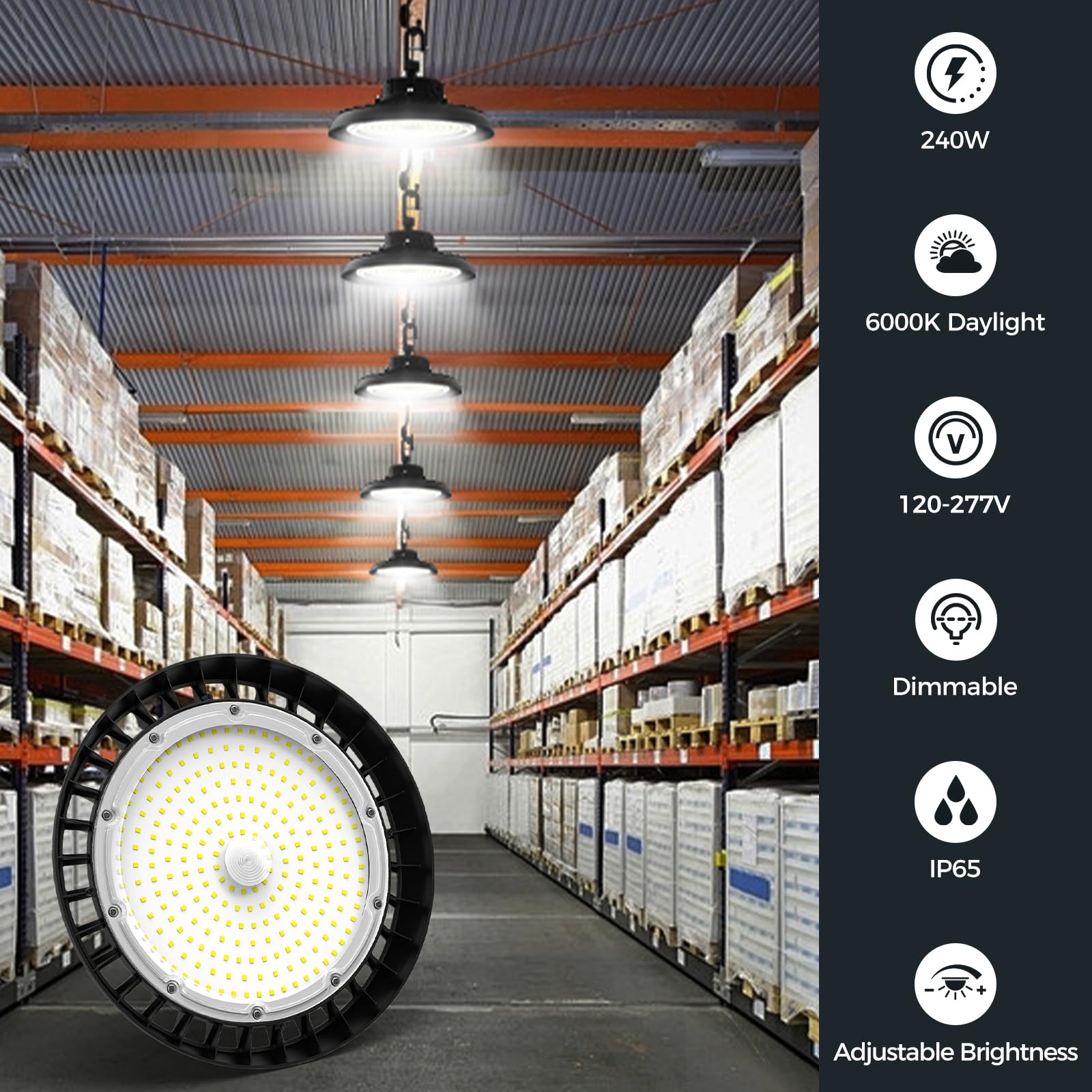 240W UFO LED High Bay Light 432000LM LED Shop Light 6000K Daylight 0-10V Dimming IP65 Waterproof Plug Play — view 4