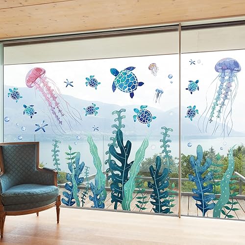 Miniatura 3 de 3 hojas de calcomanías de pared de medusas, peces y tortugas marinas, calcomanías de pared de algas marinas, vinilo extraíble bajo el mar,