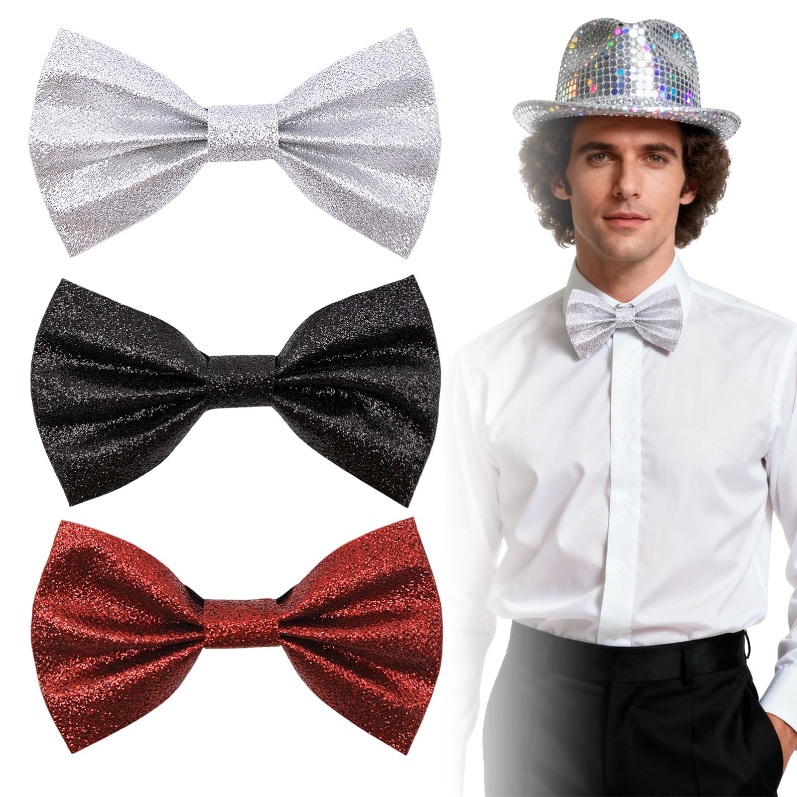 SAIIURV 3 Pack Sequin Bow Tie for Men Boys Black Silver Red Pre-tied Bowtie Adjustable Sparkly Glitter Shiny Bow Tie Comedy Dress Up Costume Accessories for Party Festival Fancy Dress (3 Colors)