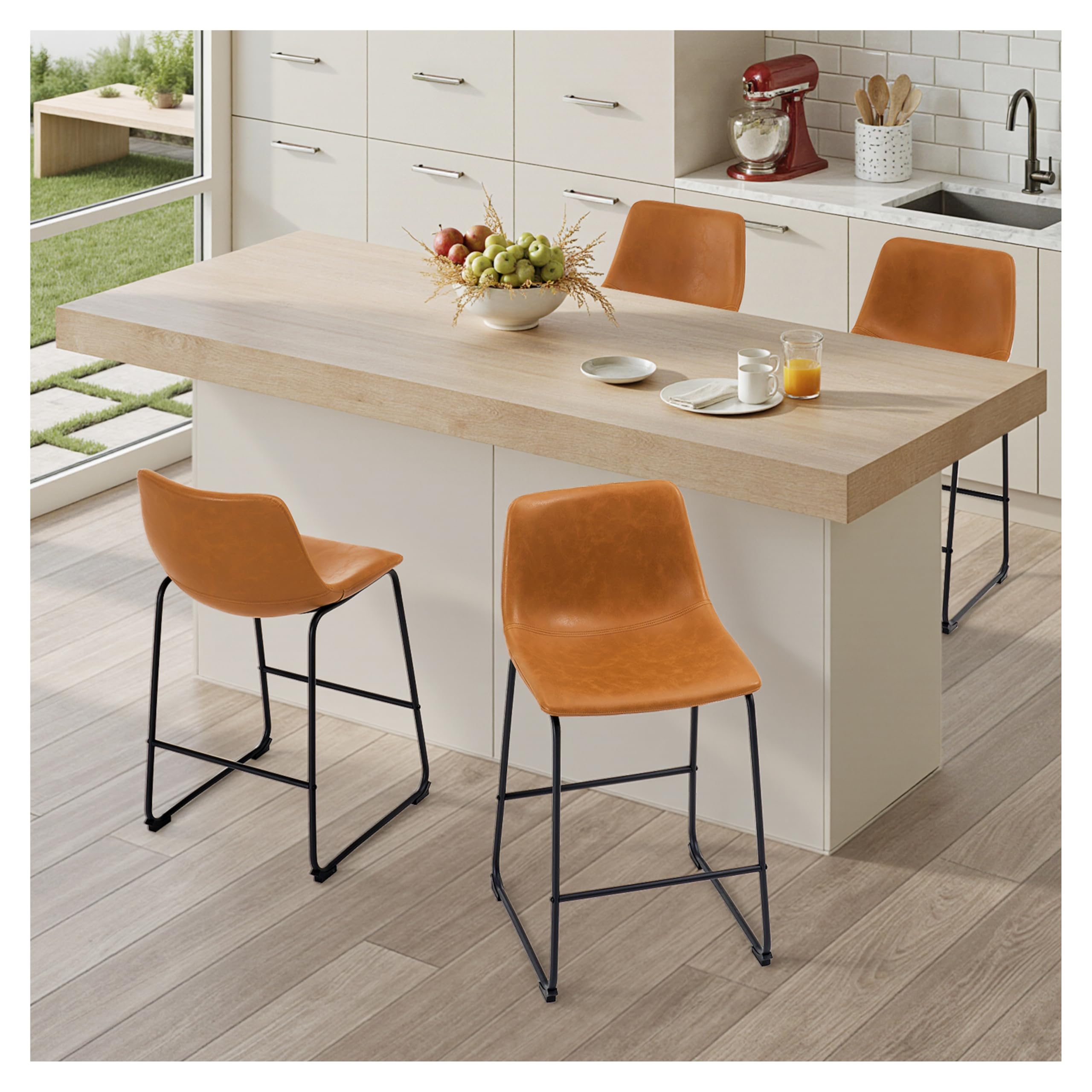 STOOLINK 26 Inch Bar Stools Set of 4, Counter Height Bar stools for Kitchen Island, Modern Crazy Horse Leather Bar Stool with Back and Metal Legs,