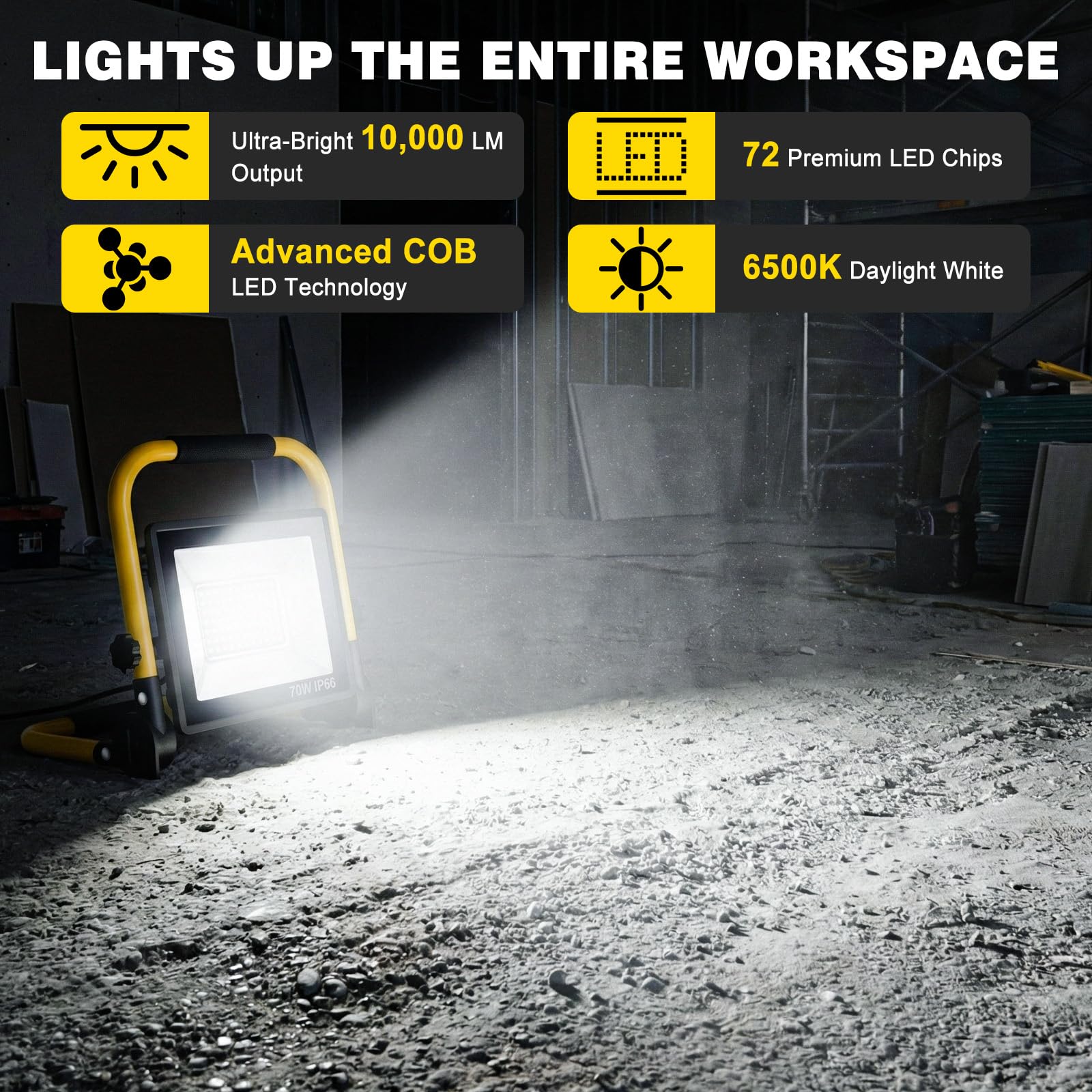 Lampa robocza LED, 10000 lumenów, przenośna lampa robocza ze stojakiem, 72 diody LED COB 6500 K, wodoodporne światła zewnętrzne IP66, regulowane 360°, mechaniczne światło do garażu, budownictwa