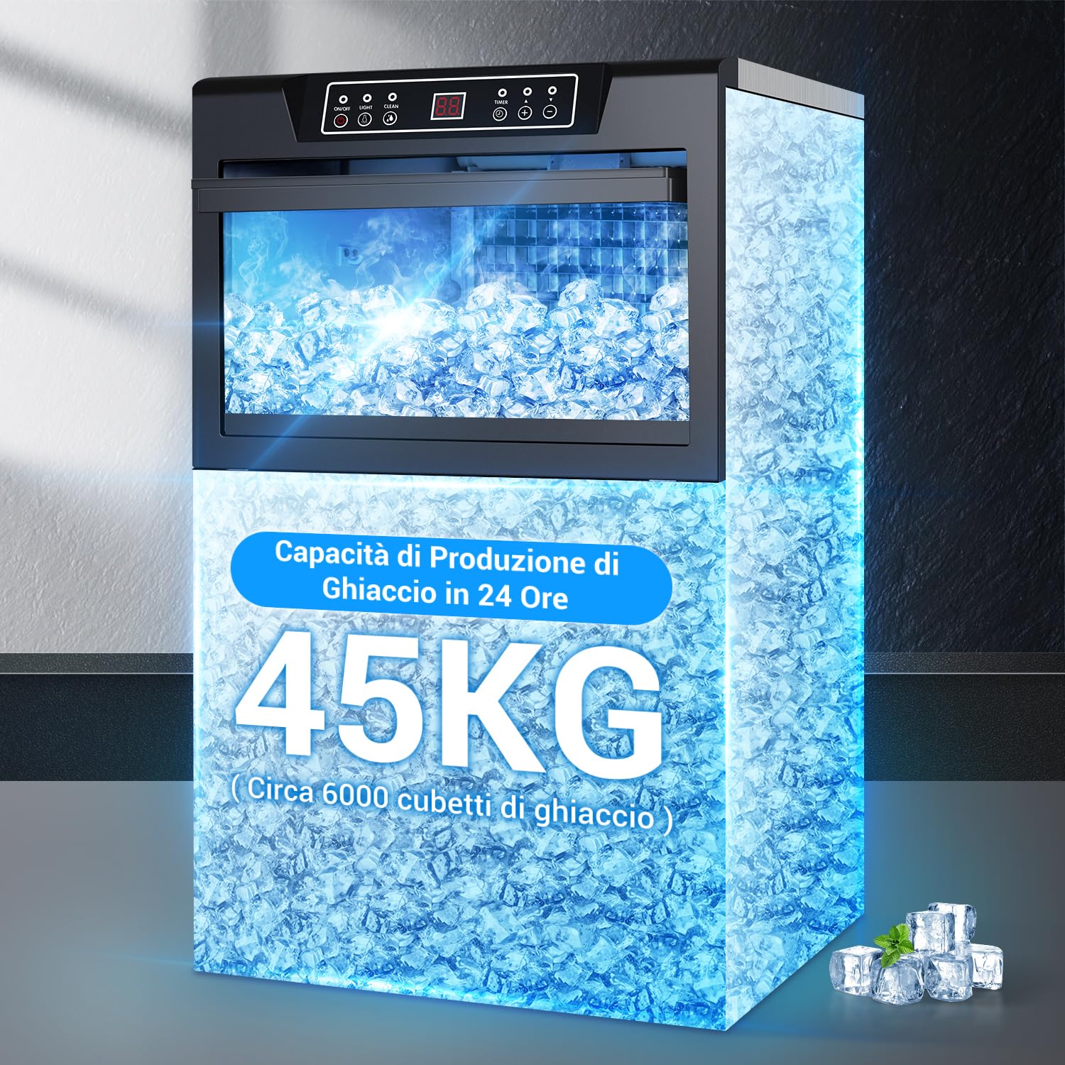 LEEVOT Macchina per Cubetti Ghiaccio Professionale - Macchina del Ghiaccio Casa 45KG/24h, 320W, per Casa, Bar e Uso Commerciale