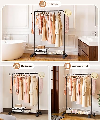 Miniatura 8 de Homde Perchero Rodante de Ropa con Ganchos Almacenamiento de Prendas de Pie para Interiores - Barra Colgante para Dormitorio Cuarto de Lavandería -