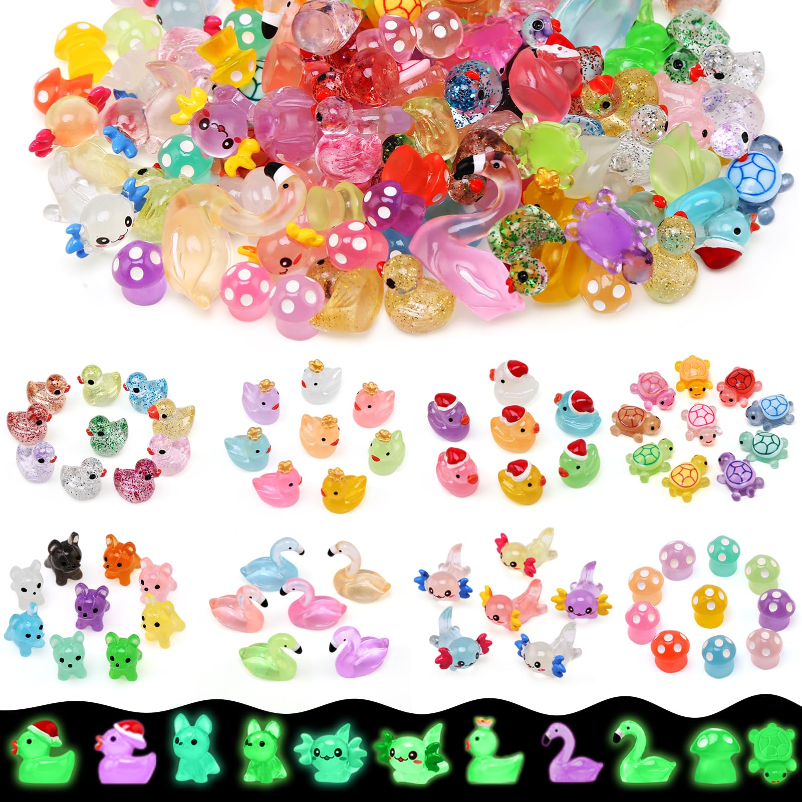 JoyPlus 100PCS Mini Luminous Resin Animals, Tiny Resin Glow In The Dark Animals Miniature Little Small Animal Figures for Micro Fairy Garden Landscape Accessories Dollhouse Hide Crafts Aquarium Decor