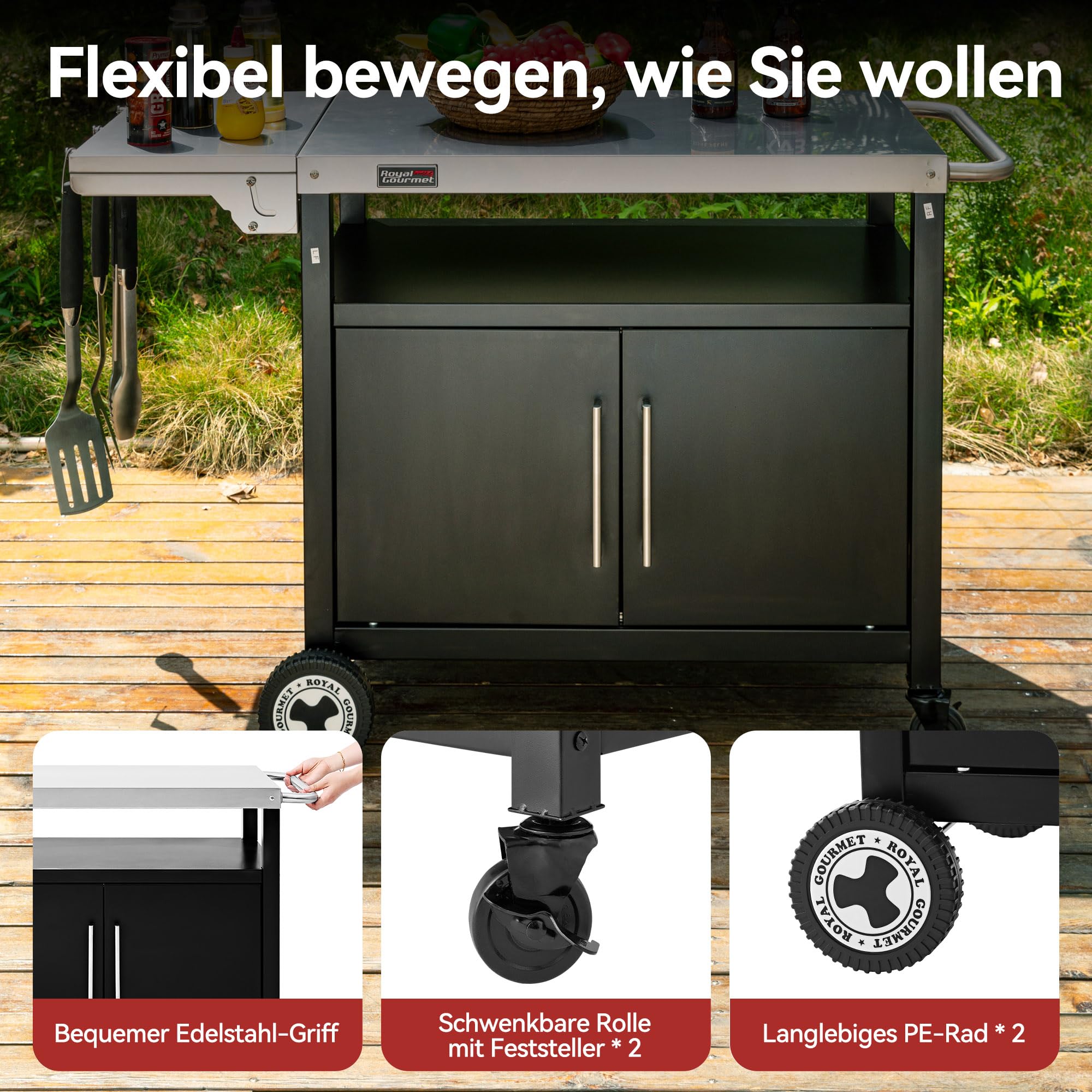 Royal Gourmet Carro de Barbacoa con Mesa Lateral Plegable, Mesa de Barbacoa con asa, Armario bajo, Carro para Barbacoa con Tablero de Acero Inoxidable, Carrito para Servir con Ruedas