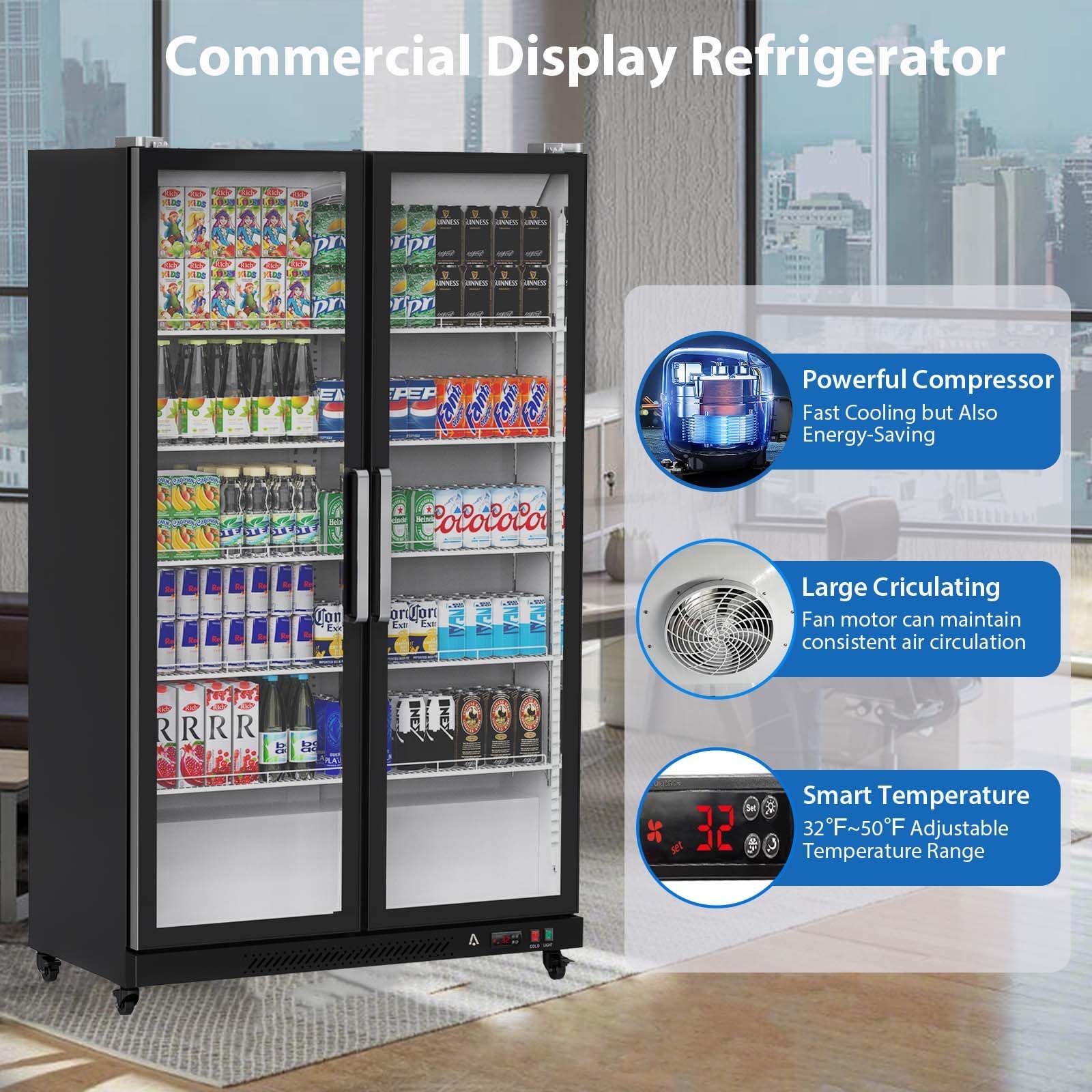 Garveehome Commercial Refrigerator, Glass Door With LED Lighting - Upright Beverage Display Cooler For Home, Store, Gym, Or Office, Featuring Double Swing Doors And 39 Cu.Ft on Fridge.com - View 6