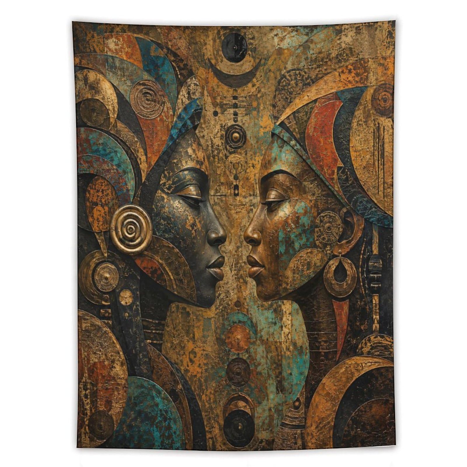 Abstract African Faces Wall Tapestry, Detailed Illustration, Office