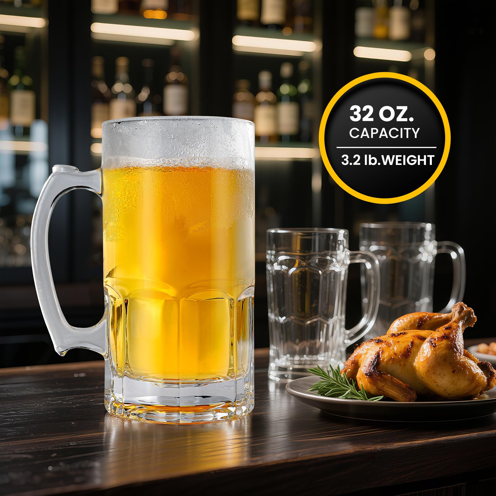 Großer Bierkrug aus Glas, mit Henkel, 2 Stück