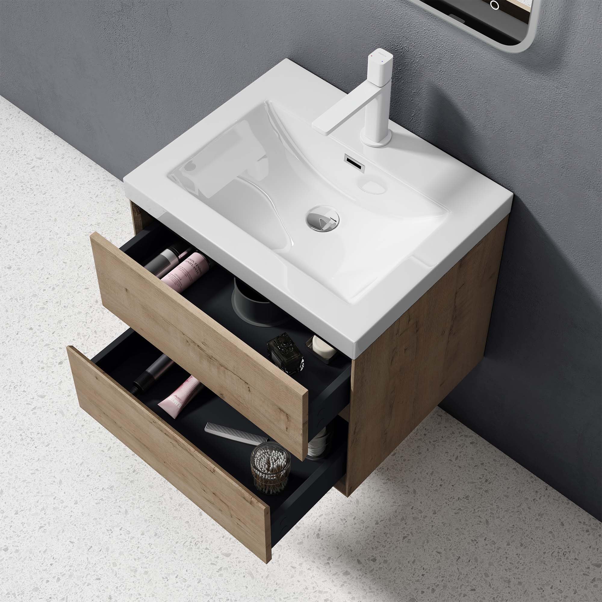 doporro Badmöbel Set Waschtischunterschrank Waschtisch mit Unterschrank Wandhängender Waschbecken-Unterschrank mit Soft-Close in Eiche Greige 60cm inkl. Mineralguss-Waschbecken Rimo