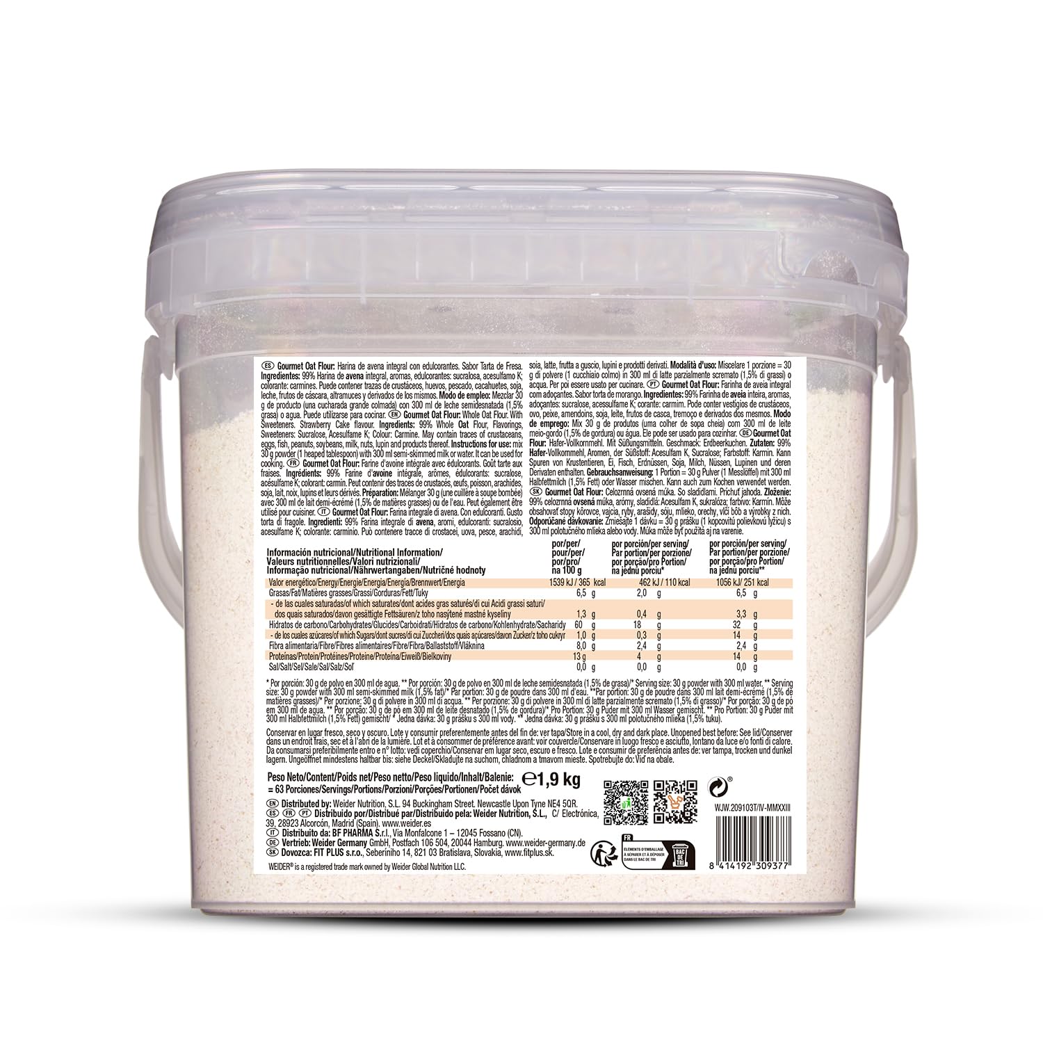 Weider Oat Gourmet Harina de Avena Integral, Proteína Bajo Azúcares, Sabor Tarta de Fresa, 1.9 kg, Pack de 4
