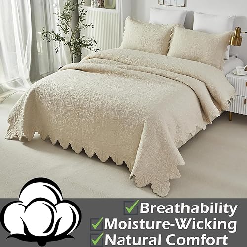 Miniatura 6 de Brandream Juego de ropa de cama de 3 piezas, 98 x 106 pulgadas, color beige, tamaño Queen, King, de algodón, de estilo rústico, con borde