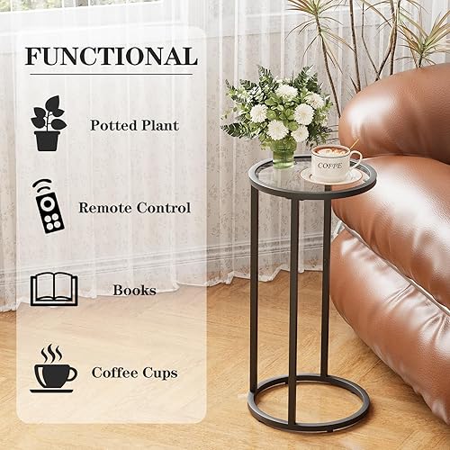 Miniatura 4 de Mesa auxiliar redonda, mesa C de cristal, mesa auxiliar para sofá, mesa de aperitivos de vidrio templado con marco de metal, mesa de noche para